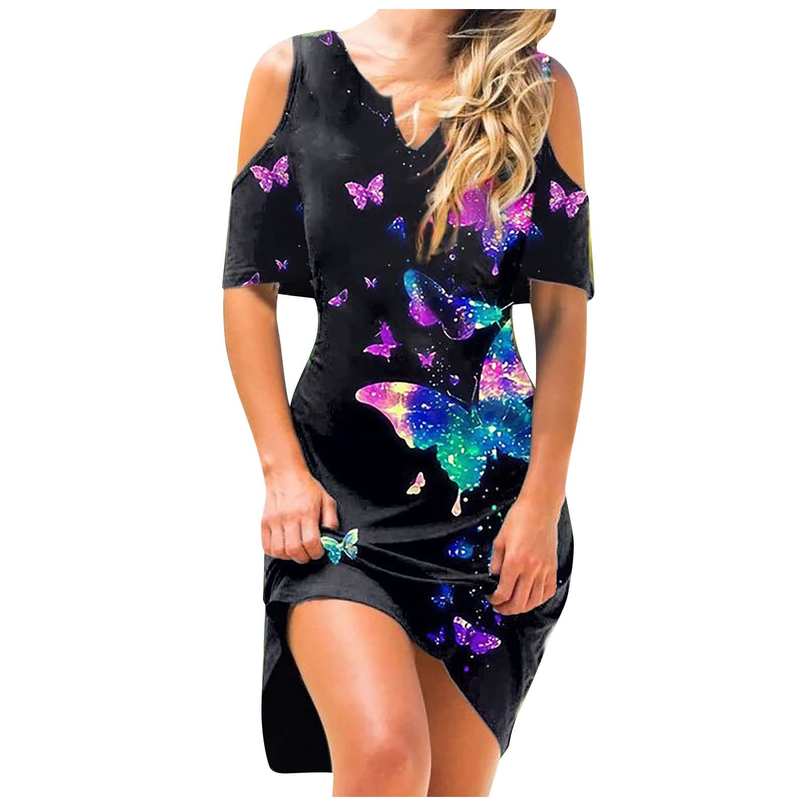 Elegant Butterfly Print Off Shoulder V Neck Short Sleeve Midi Dress for Women 2025 | Sexy Casual Plus Size Summer Dress for Party, Date Night & Vacation