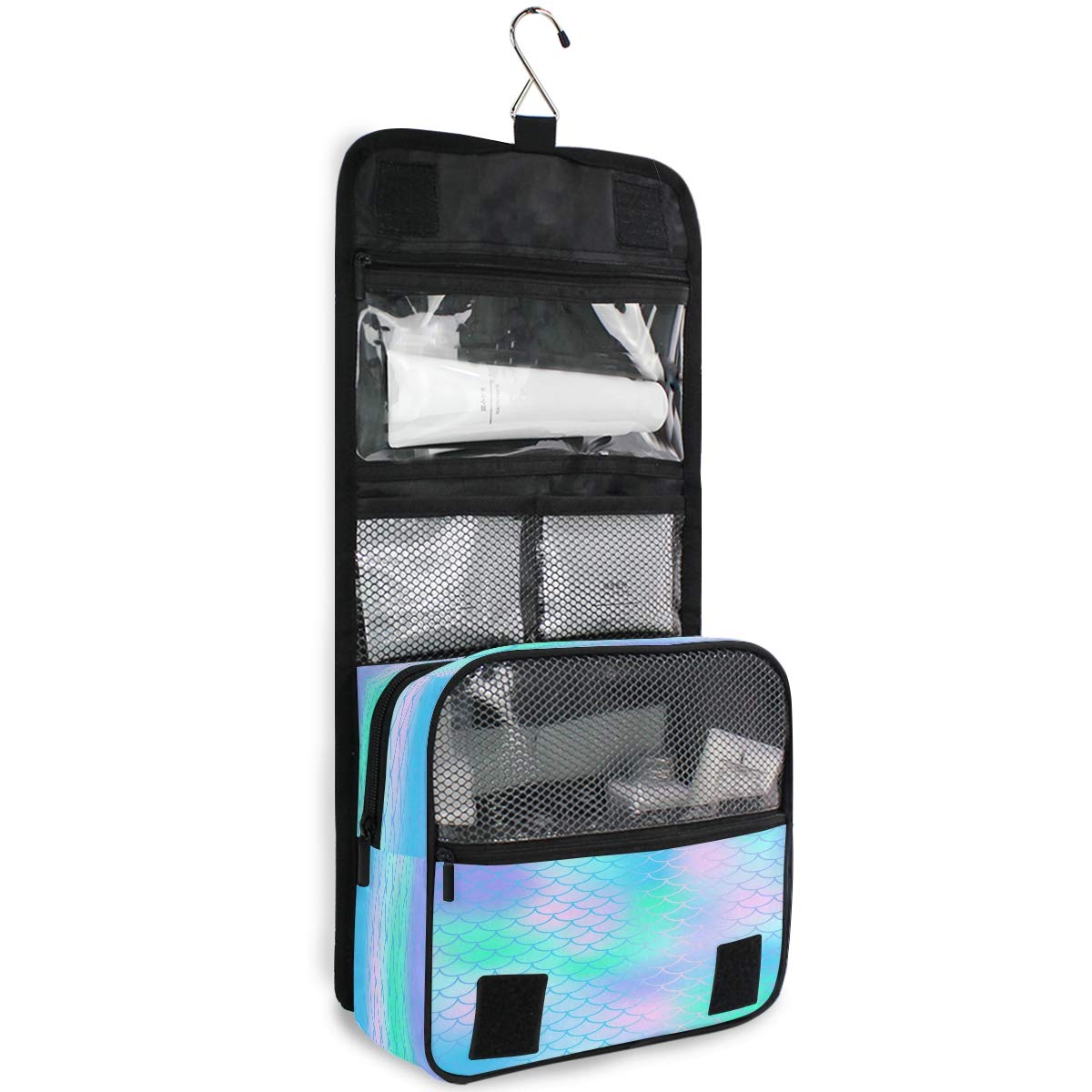 QMXO Hanging Travel Toiletry Bag - Waterproof Cosmetic Organizer with Mermaid Scales Design for Women & Girls, Portable Folding Bathroom & Gym Wash Bag - Perfect for Travel, Camping, Beach & Gym Use