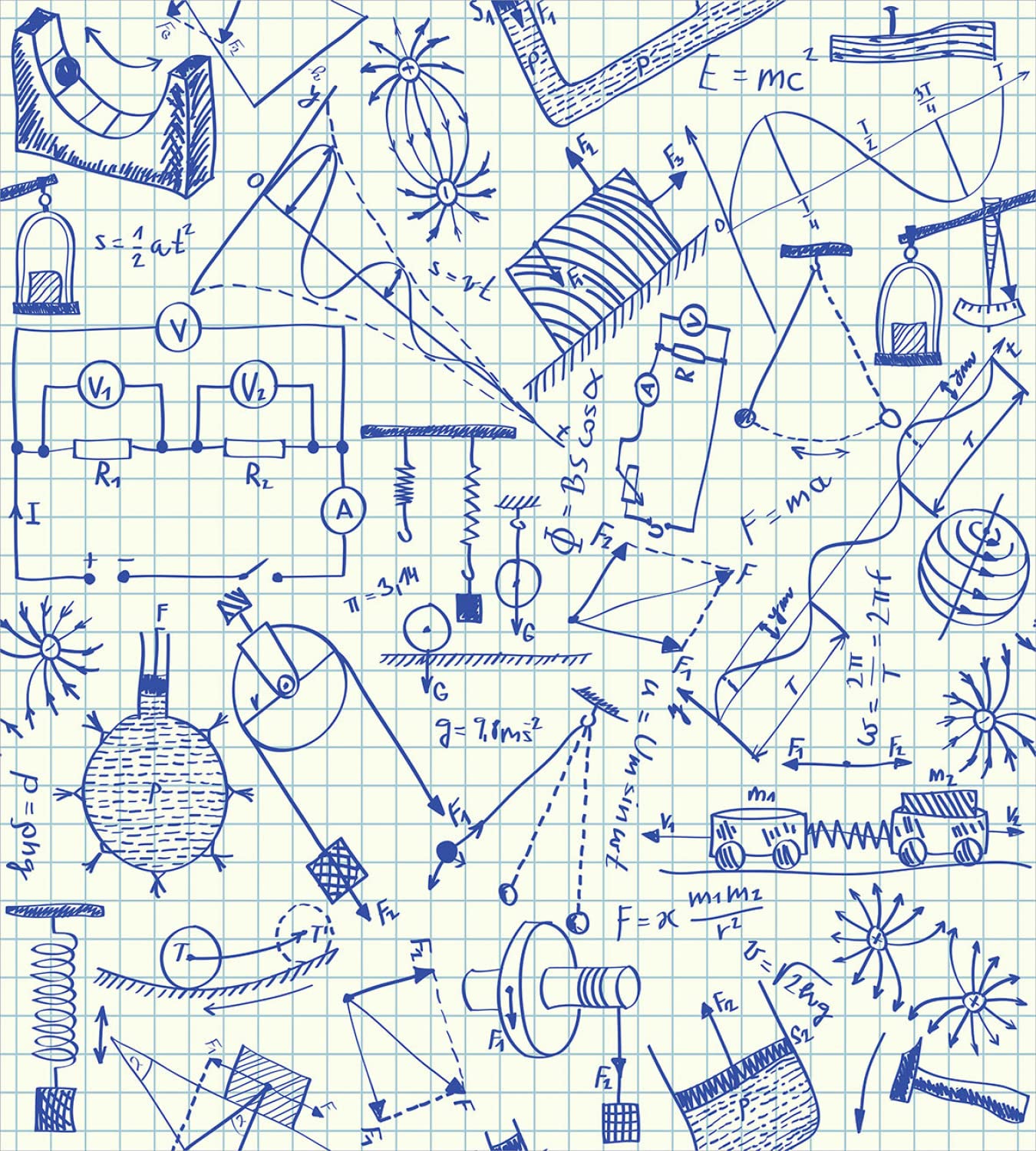 Ambesonne Physics Duvet Cover Set - King Size 2-Pack with 2 Duvet Covers & 4 Pillowcases, Technical Formula & Drawings on Notebook Paper Design in Ivory Indigo - Perfect for Science Lovers, Students, and Modern Bedroom Decor