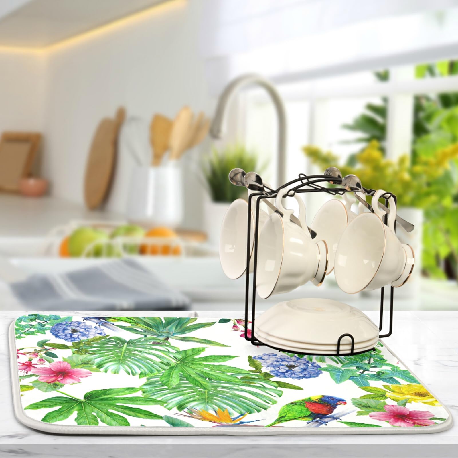 **Floral Dish Drying Mat – Absorbent Microfiber Kitchen Counter Drying Pad (16x18 Inches) – Washable & Quick-Dry for Dishes, Utensils, and Cookware – Perfect for Countertops, Sinks, and Dish Racks**