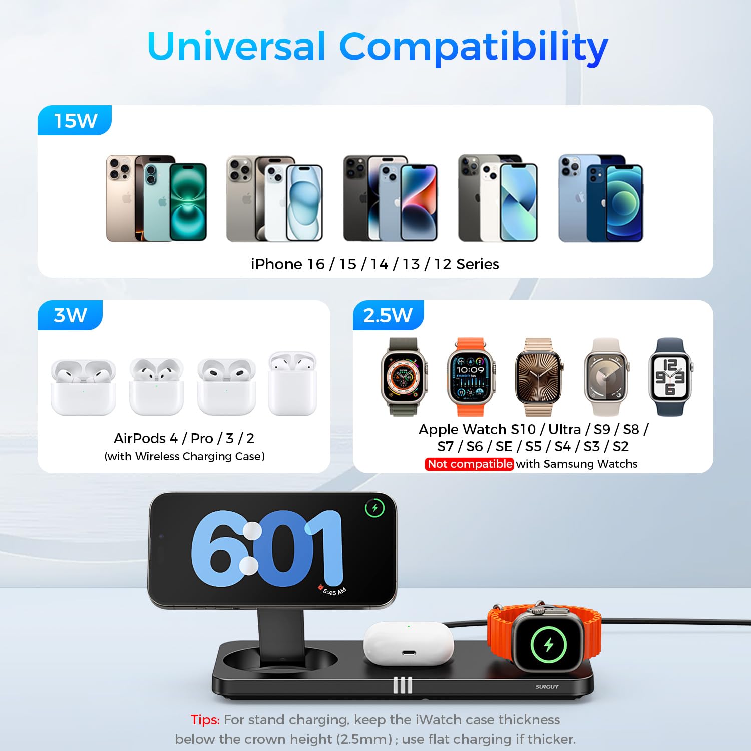 3-in-1 Wireless Charging Station for iPhone 16/15/14/13/12 Pro Max Plus, Apple Watch S10/Ultra/S2 & AirPods 4/Pro/3/2 - 15W Fast Magnetic Charger with Foldable Design | Perfect for Home, Office & Travel Use