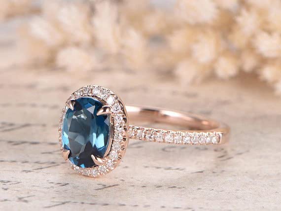 1ct Oval Cut London Blue Topaz Engagement Ring for Women - Simulated Diamond CZ Halo, Rose Gold Plated - Perfect for Proposals, Anniversaries & Special Occasions