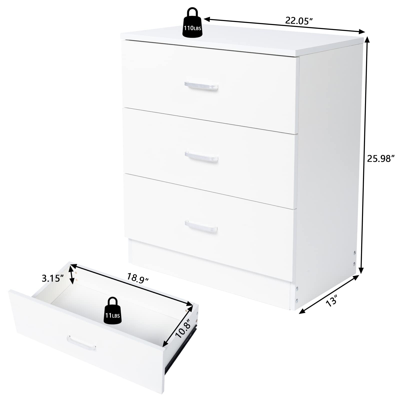 White 3-Drawer Bedside Table - Spacious Nightstand with Large Storage for Bedroom, 22.05x13x25.98 Inch - Perfect for Small Spaces, Apartment Living & Guest Rooms