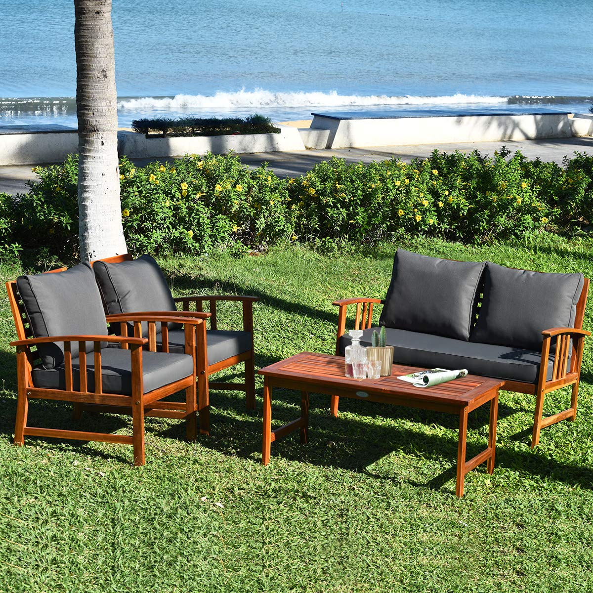 Tangkula 4-Piece Acacia Wood Outdoor Patio Furniture Set with Gray Cushions & Back Pillows - Durable Garden Conversation Set with Coffee Table for Backyard, Poolside, Deck & Patio Relaxation