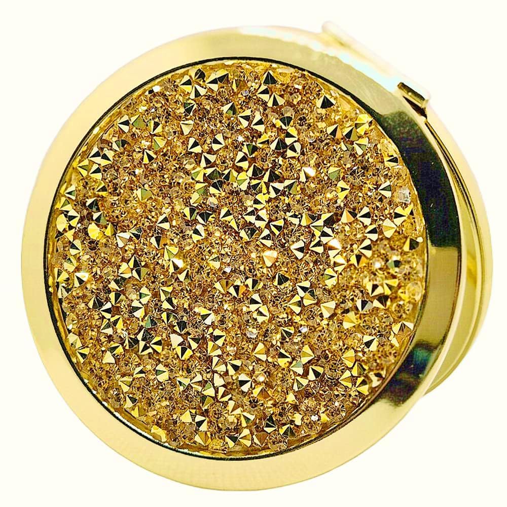 Gold Compact Mirror for Women with Mix Diamond Design - 2x & 1x Magnification Folding Pocket Mirror | Portable Travel Makeup Mirror for Purse | Perfect Gift for Her (Ideal for Travel, Home, Office & Touch-ups)