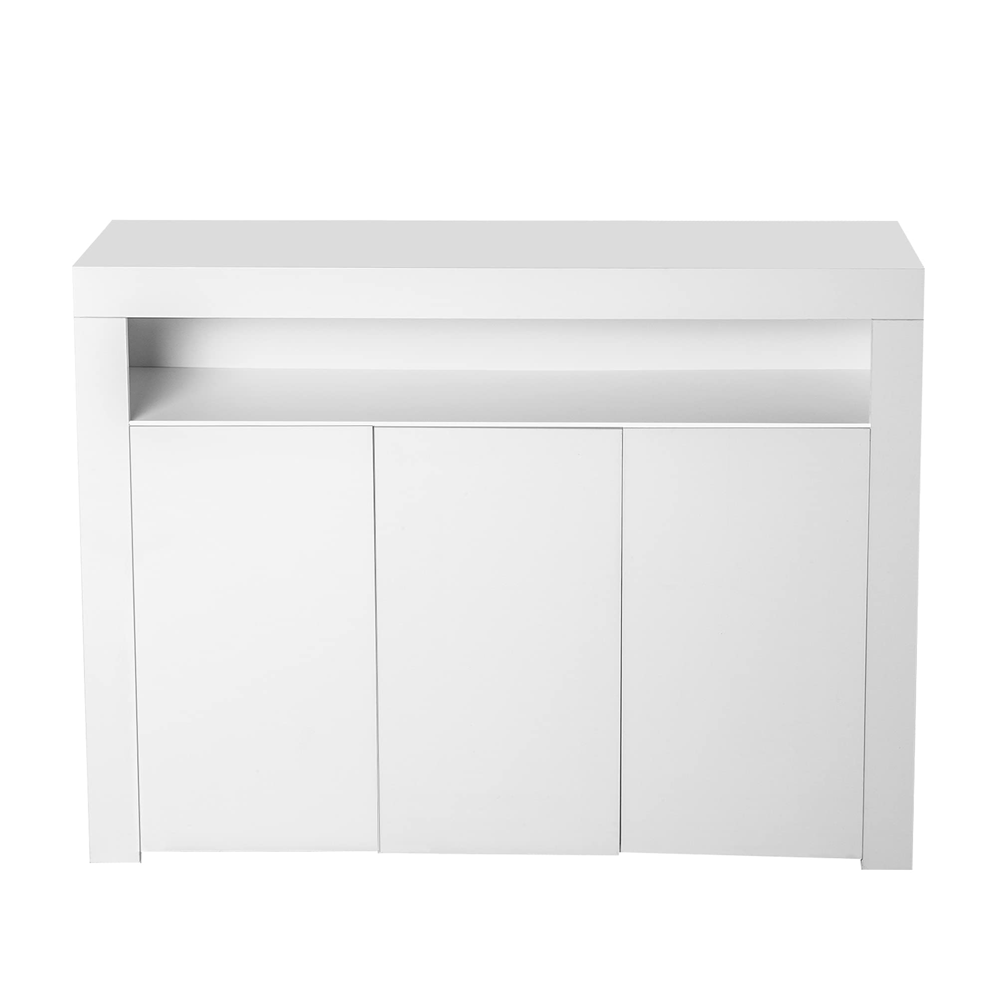 White High Gloss LED Buffet Cabinet with Shelves & Doors - 3-Door Storage Sideboard for Entryway, Hallway, Kitchen, Home Office & Bar | Modern Home Organization & Display Solution