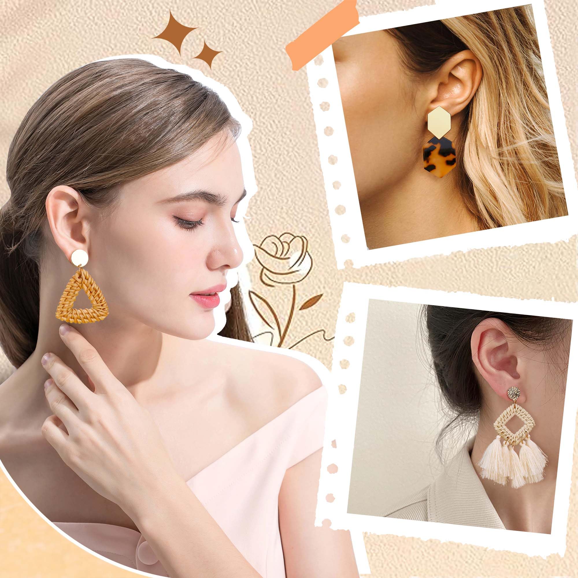 HAIAISO 9 Pairs Clip-On Drop Earrings for Women - Lightweight Rattan Resin Acrylic Tassel Dangle Earrings - Non-Piercing Geometric Hoop Earrings - Perfect for Parties, Weddings & Everyday Wear