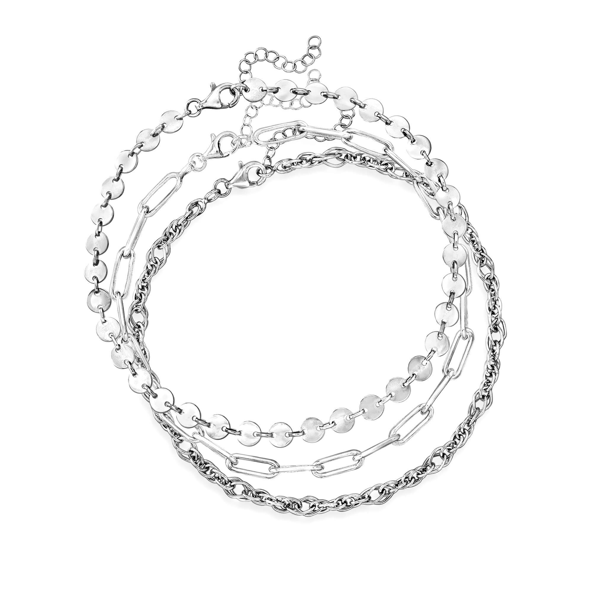 Ross-Simons Sterling Silver Three Anklet Set for Women - Elegant Layered Ankle Bracelets for Beach, Summer & Boho Style Outfits