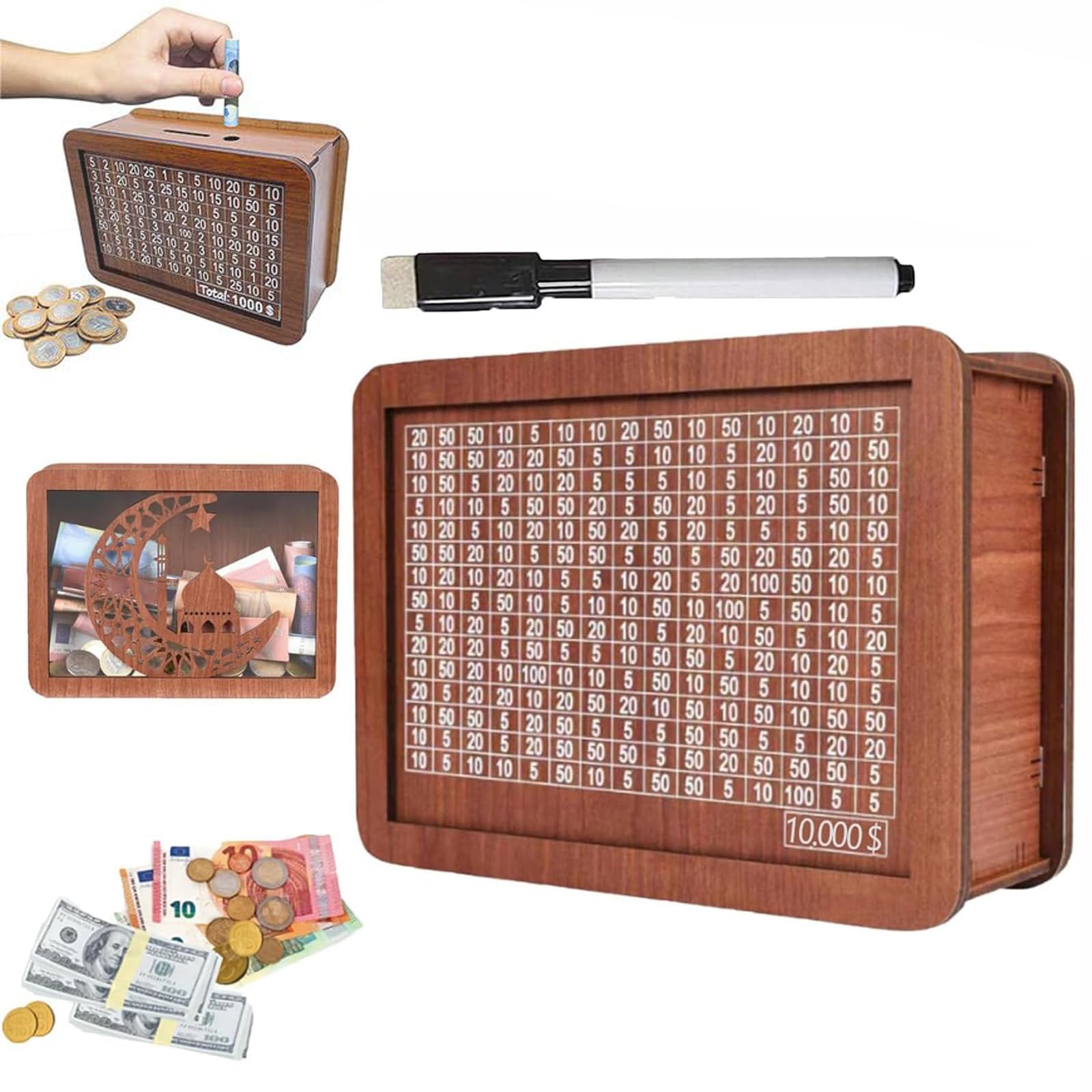 Tenkaybox Wooden Cash Saving Box - 10000 Savings Challenge with Money Target & Numbers | Light Color | Perfect for Budgeting, Kakeibo Method & Financial Goals