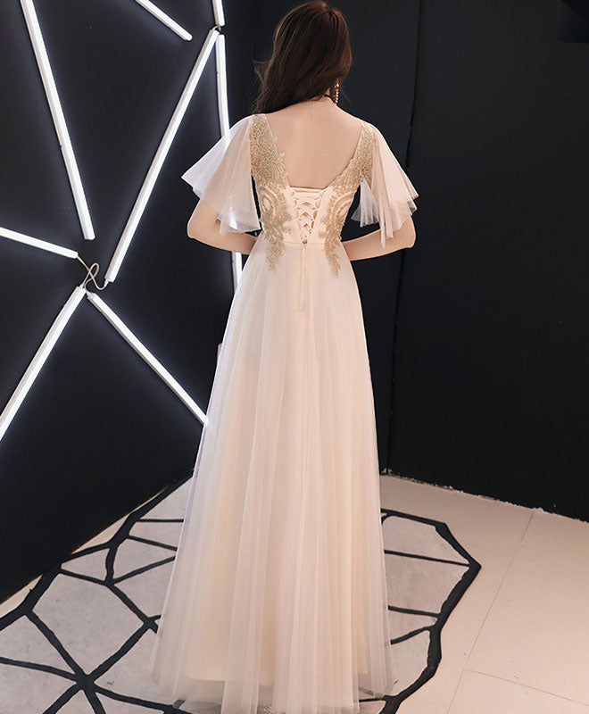 Elegant Champagne V-Neck Tulle Lace Long Prom Dress for Evening Gala & Formal Events - Perfect for Homecoming, Wedding Guest, and Special Occasions