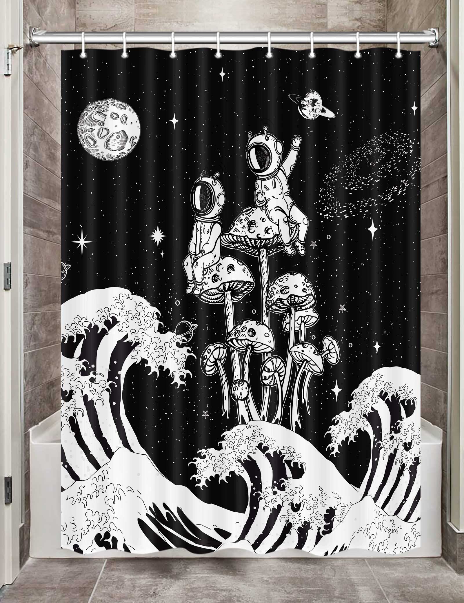 Funny Camper RV Shower Curtain - Mushroom Astronaut Space Theme for Travel Trailers & Tiny Homes - 47x64 Inch Short Fabric Bath Curtain Set with Hooks - Perfect for Camping, RV Bathrooms & Outdoor Adventures