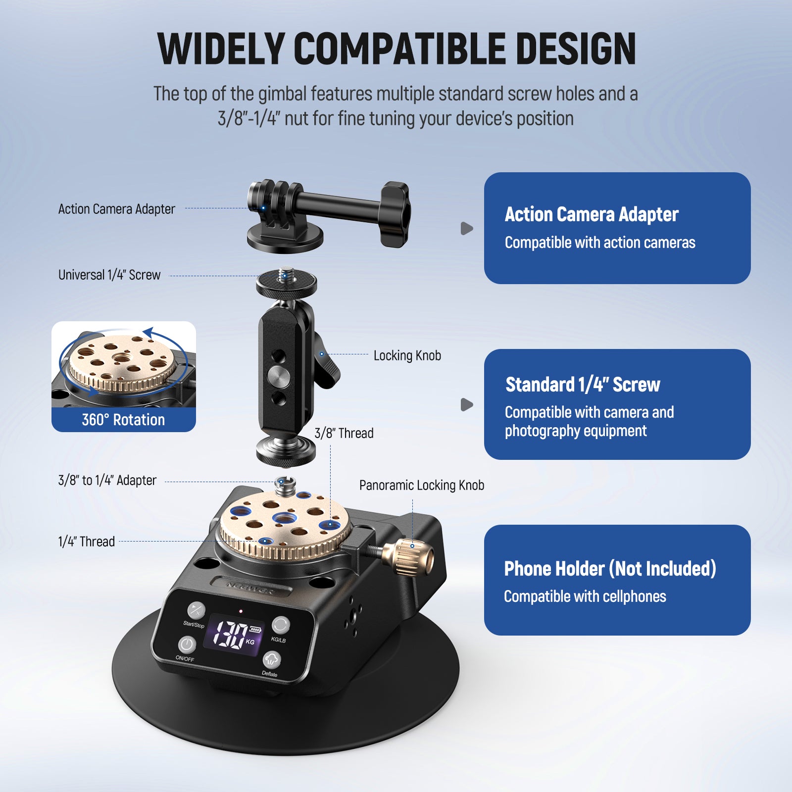 NEEWER CA017 6-Inch Electric Camera Suction Cup Mount - Secure Car Window Mount for DSLR, Action Cameras, and Smartphones - Perfect for Vlogging, Travel, and Dashcam Recording