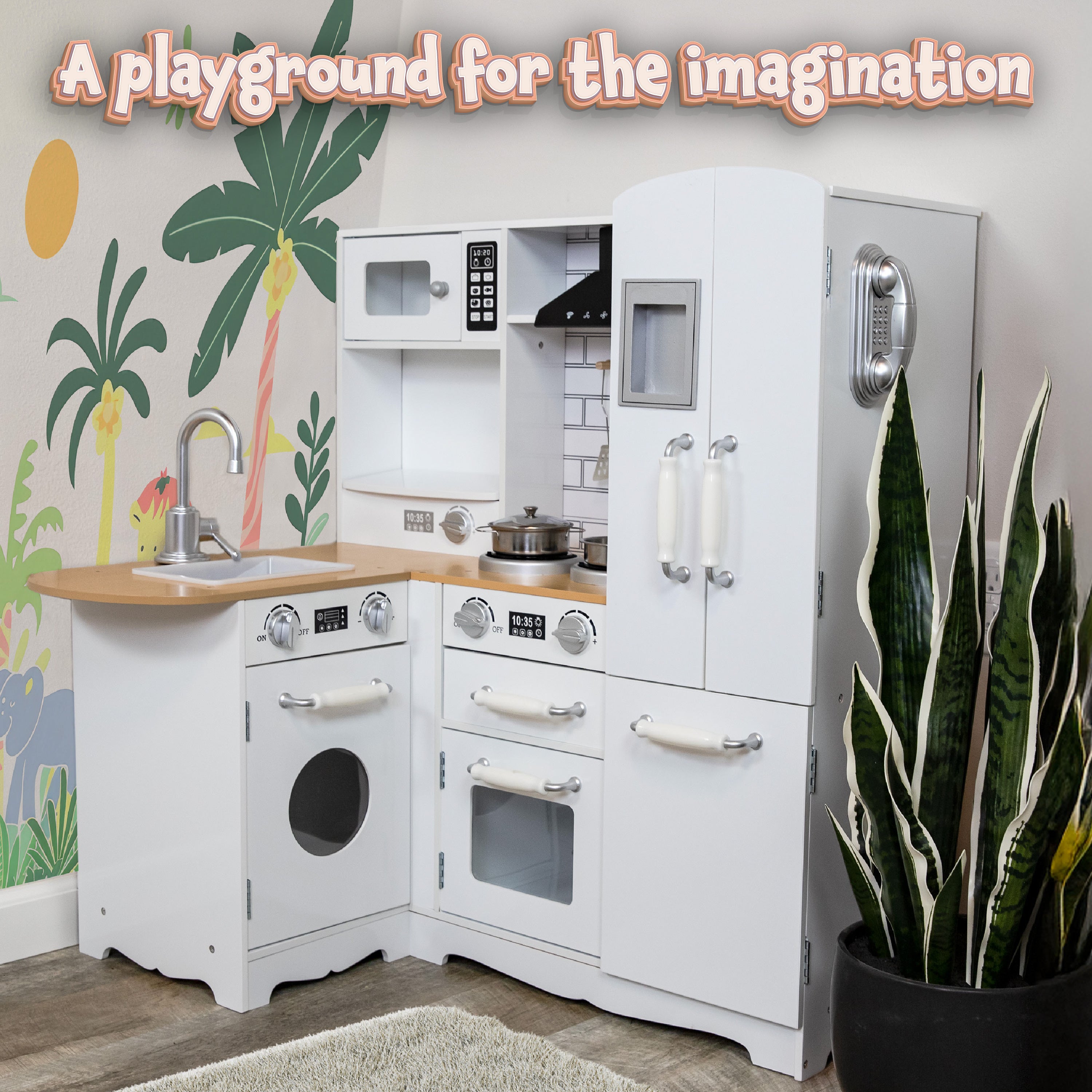 Sunnydaze Cozy Corner Wooden Play Kitchen Set with Accessories - Pretend Play Toy for Kids, Perfect for Indoor & Outdoor Imaginative Play