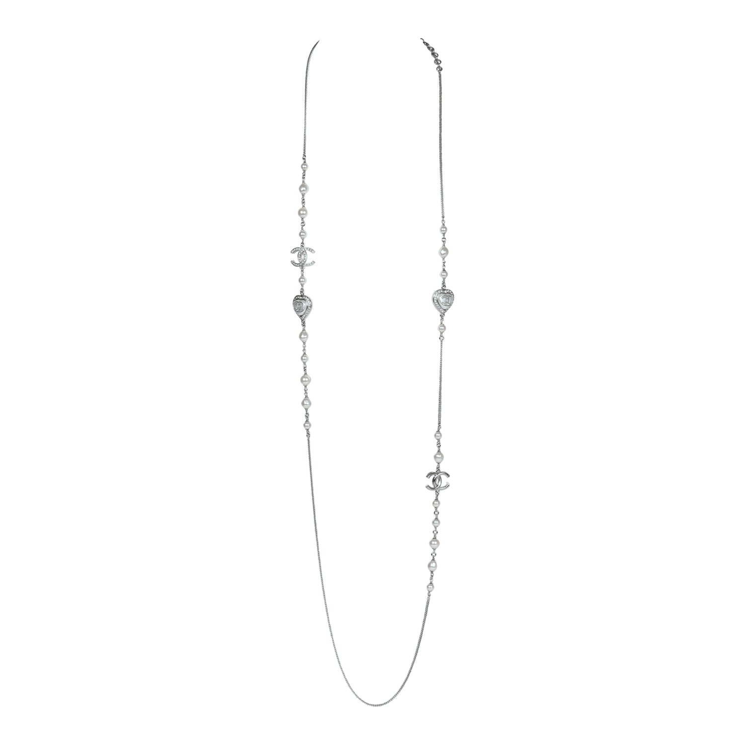 Chanel Silver Metal White Strass Pearl Logo Heart Sautoir Necklace - Elegant Statement Jewelry for Parties, Weddings & Special Occasions