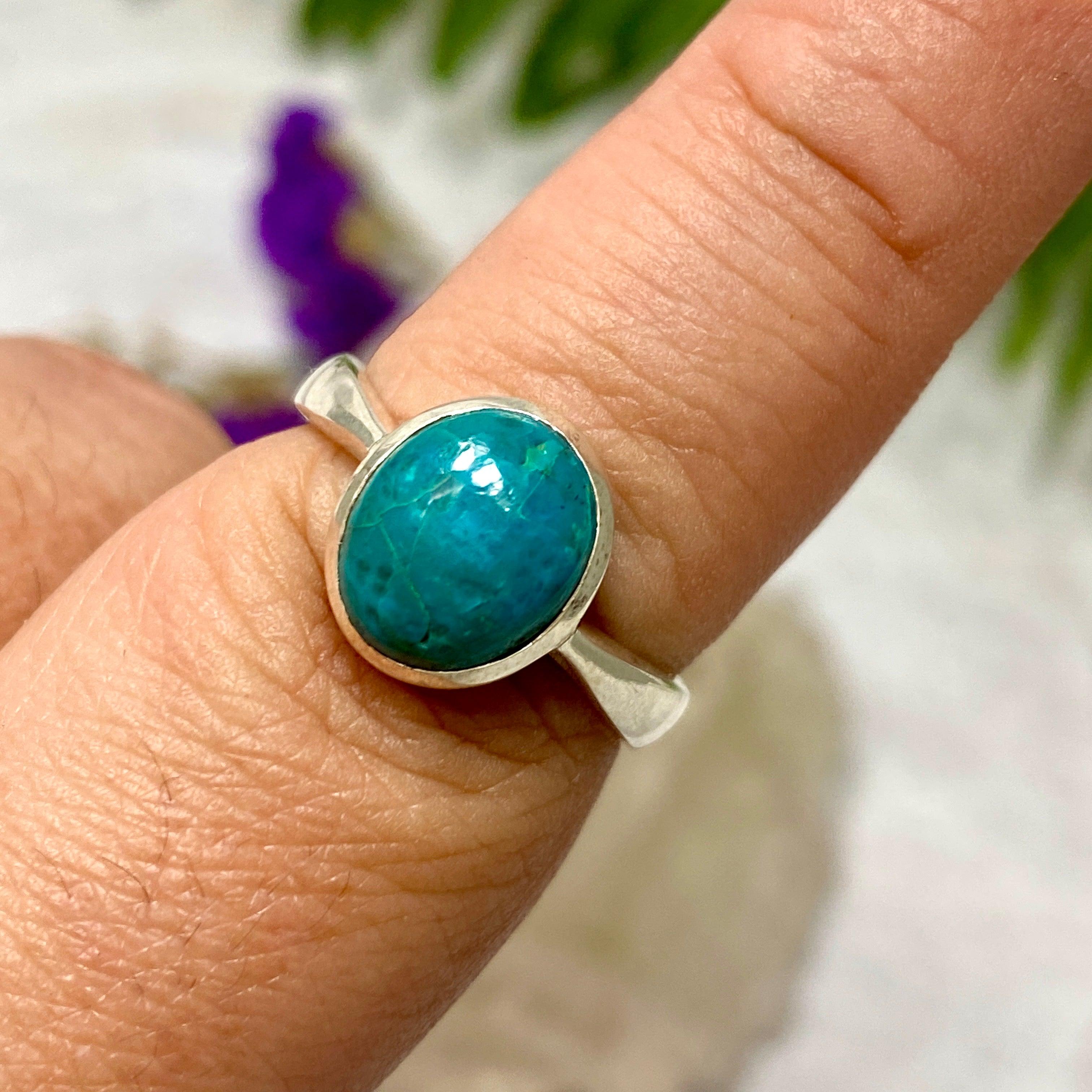Chrysocolla Oval Ring Size 8.5 - Natural Gemstone Jewelry for Women, Handmade Sterling Silver Band, KRGJ1980 | Perfect for Boho Fashion, Gift Giving & Everyday Wear