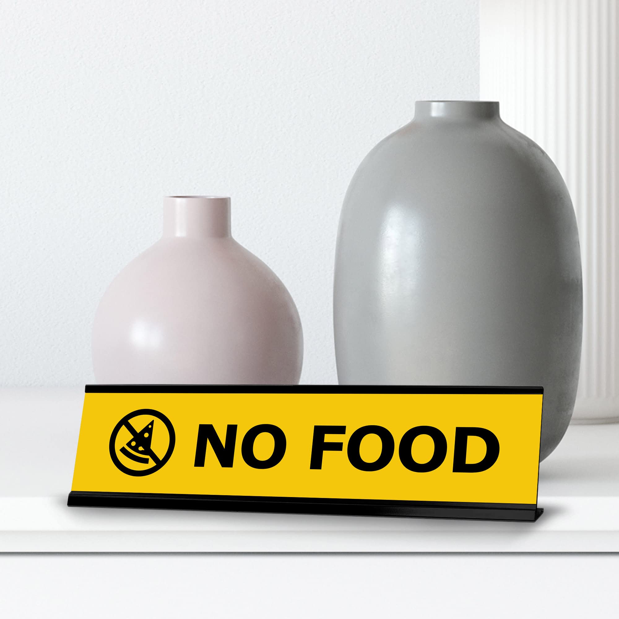 Yellow and Black Frame No Food Sign (2x8 Inch) - Durable Desk Sign for Office, Restaurant, or Classroom Use