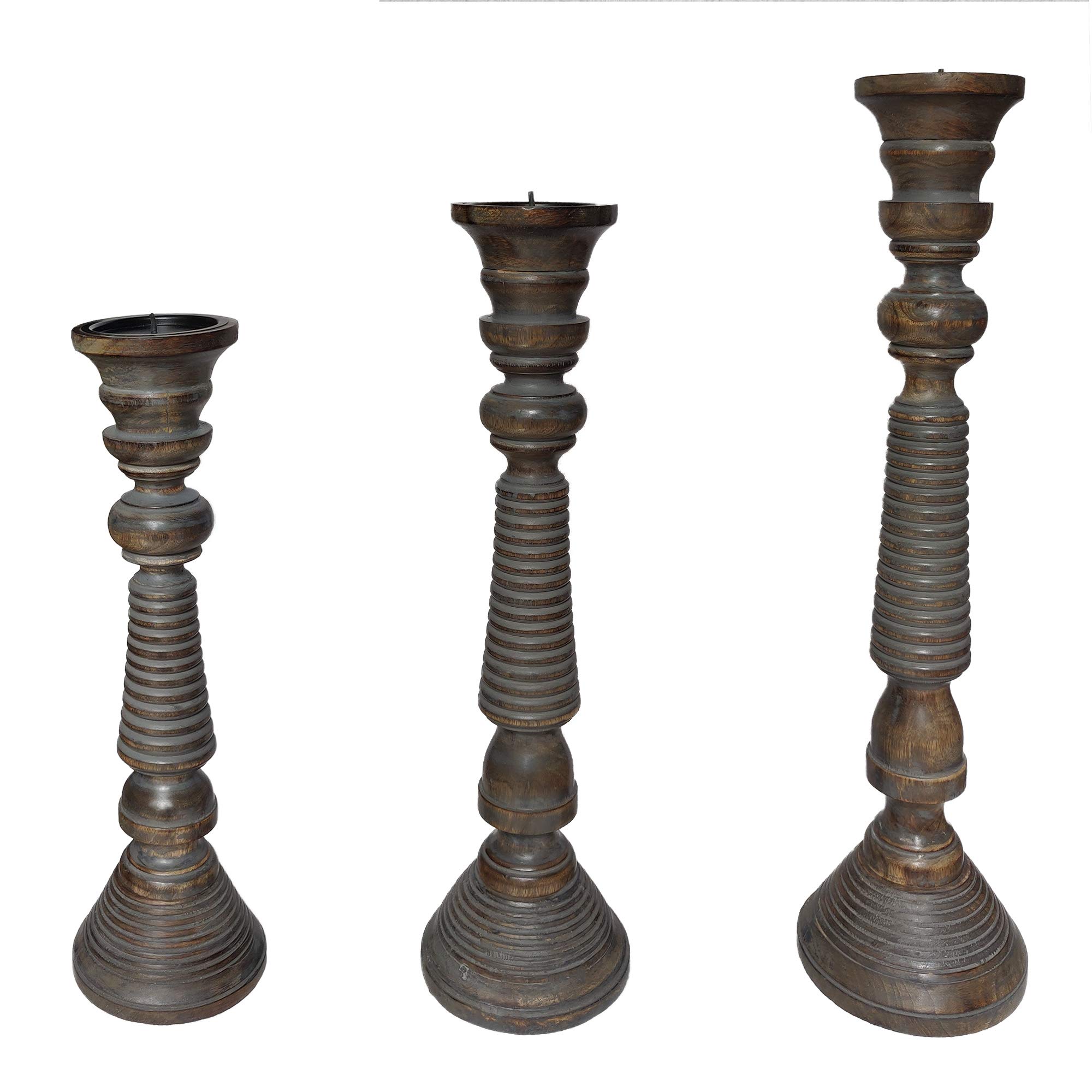Benjara Handmade Wooden Candle Holders with Ribbed Pattern - Set of 3 Gray Decorative Candle Sticks for Home Decor, Wedding Centerpieces, and Tabletop Displays