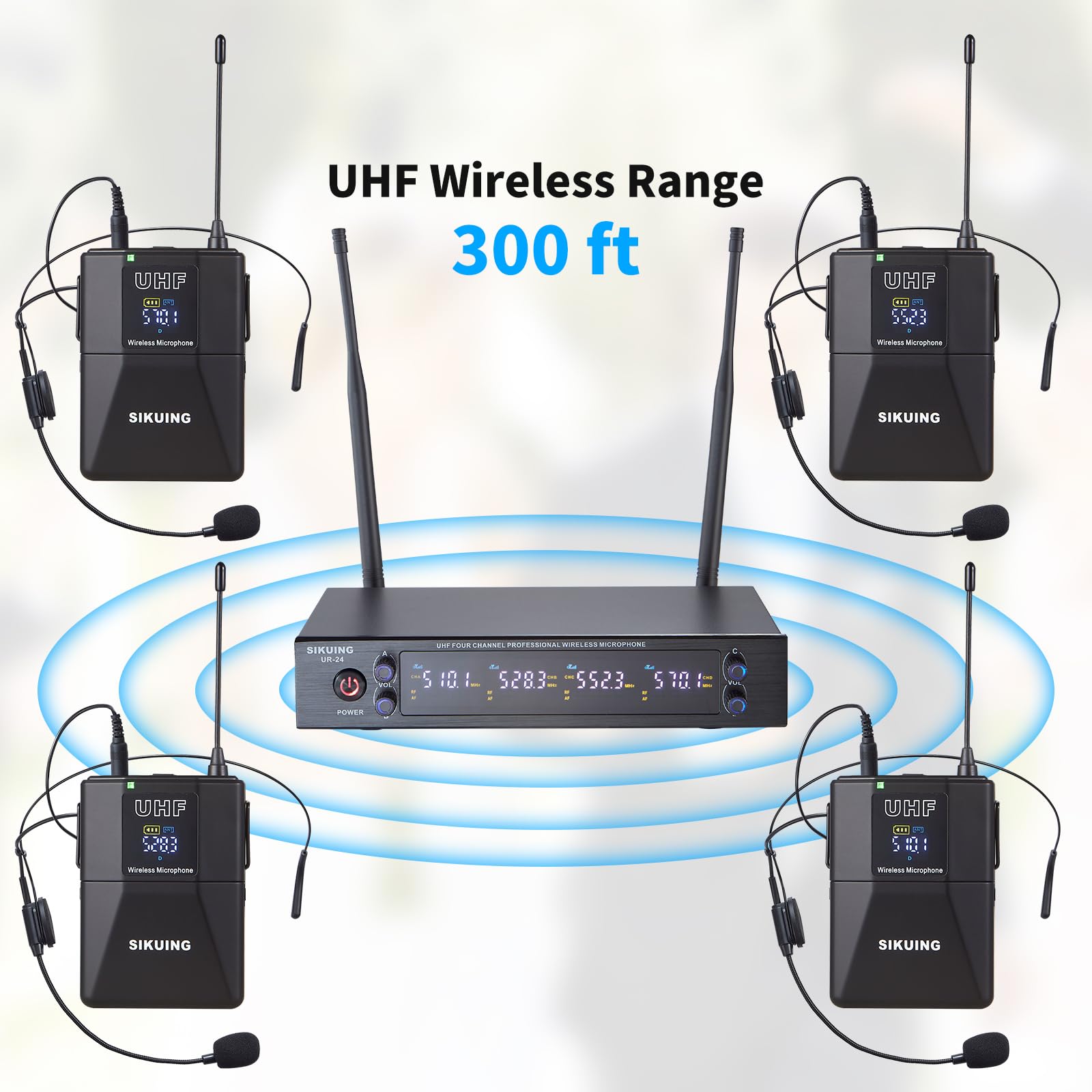 4 Channel UHF Wireless Microphone System with 4 Lavalier Headset Mics - 200 Adjustable Frequencies, 300ft Range - Perfect for Karaoke, Church, Meetings, School Presentations & Live Performances