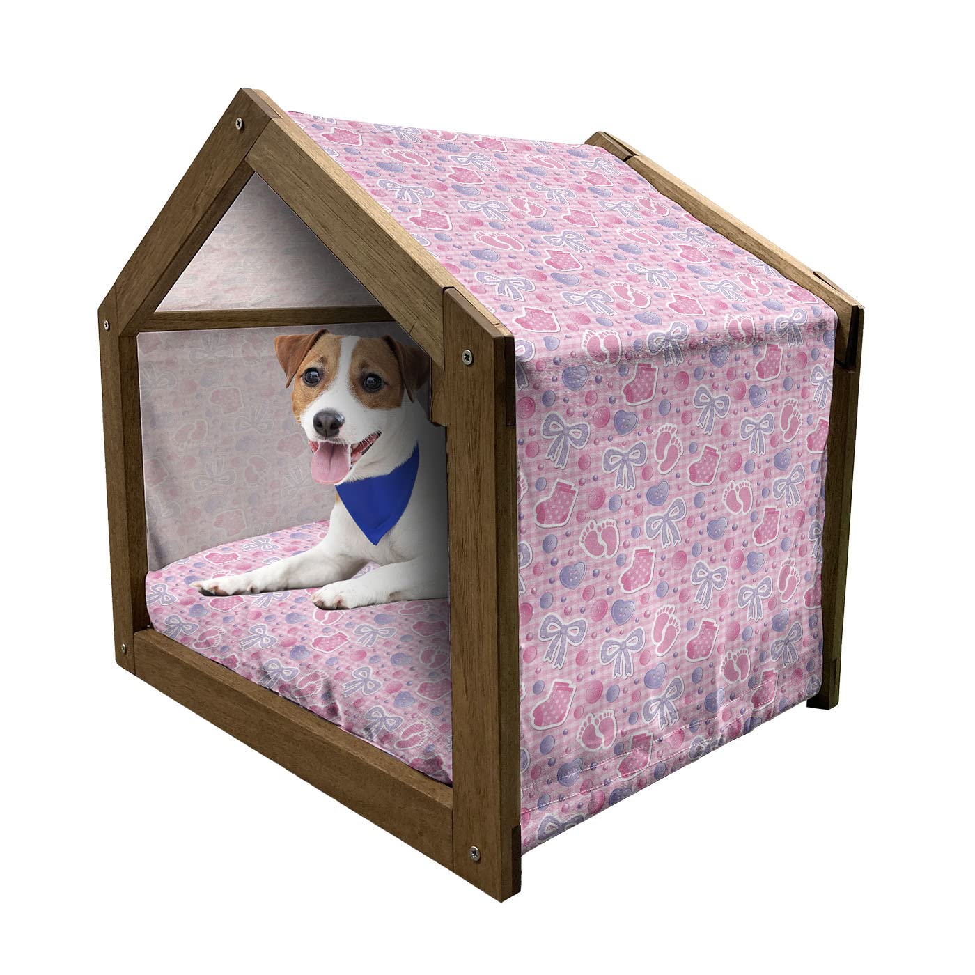 Ambesonne Cartoon Wooden Pet House with Bows, Booties & Ribbon - Indoor & Outdoor Portable Dog Kennel with Pillow & Cover for Small Dogs - Pale Pink & Mauve Birthday Theme - Perfect for Home, Garden & Travel Use