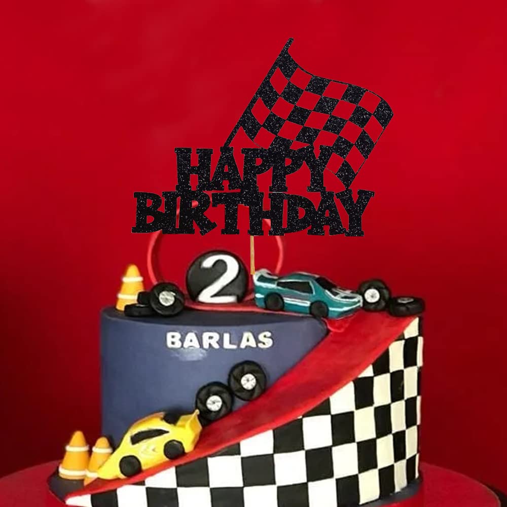 Race Car Cake Topper - Checkered Flag Themed Birthday Cake Decorations for Kids Boys & Girls - Perfect for Racing Themed Birthday Parties, Baby Showers & Special Celebrations