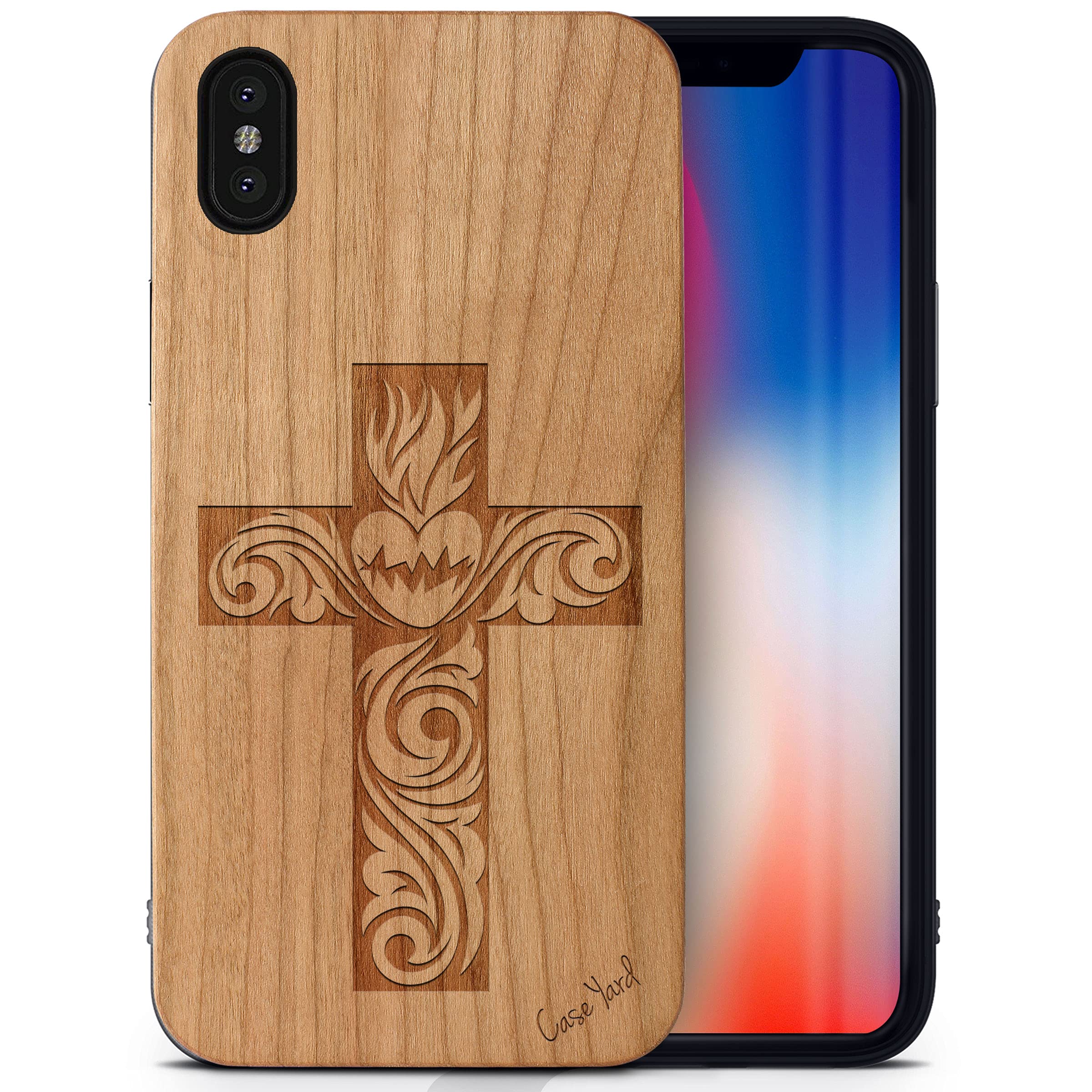 CaseYard Wood Phone Case for iPhone X - Laser Engraved Cross Design in Cherry Wood | Slim Fit Shockproof Protective Cover for Men & Women | Perfect for Daily Use, Travel & Gift Giving