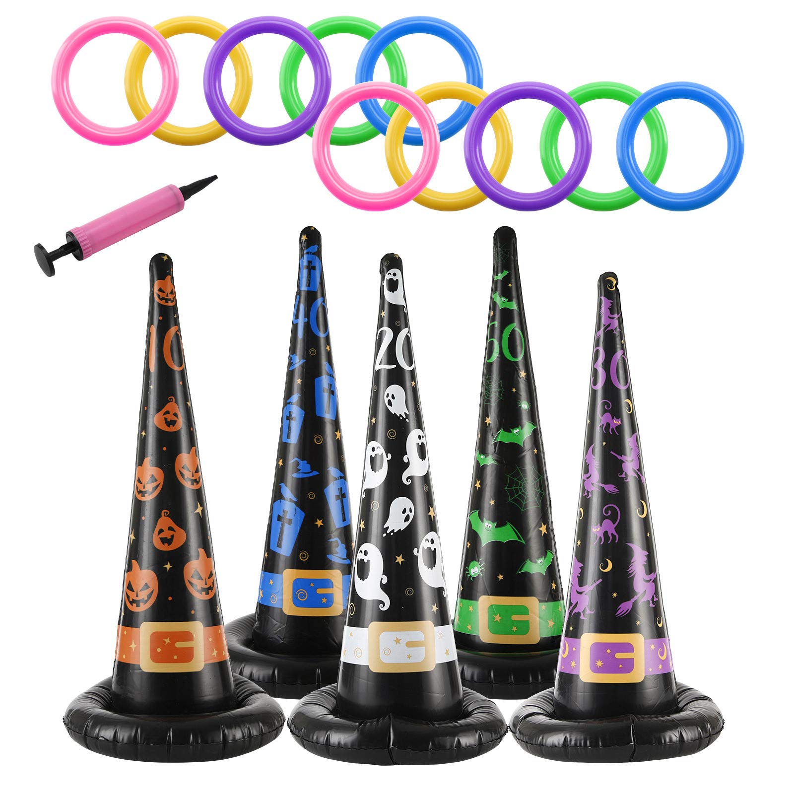 QQtangYA Witch Toss Halloween Ring Toss Game - Inflatable Jumping Hat Toy for Toddlers Age 2-4 - Educational Outdoor Party Activity (Multicolor, One Size) - Perfect for Halloween Parties, Backyard Games & Preschool Learning Activities