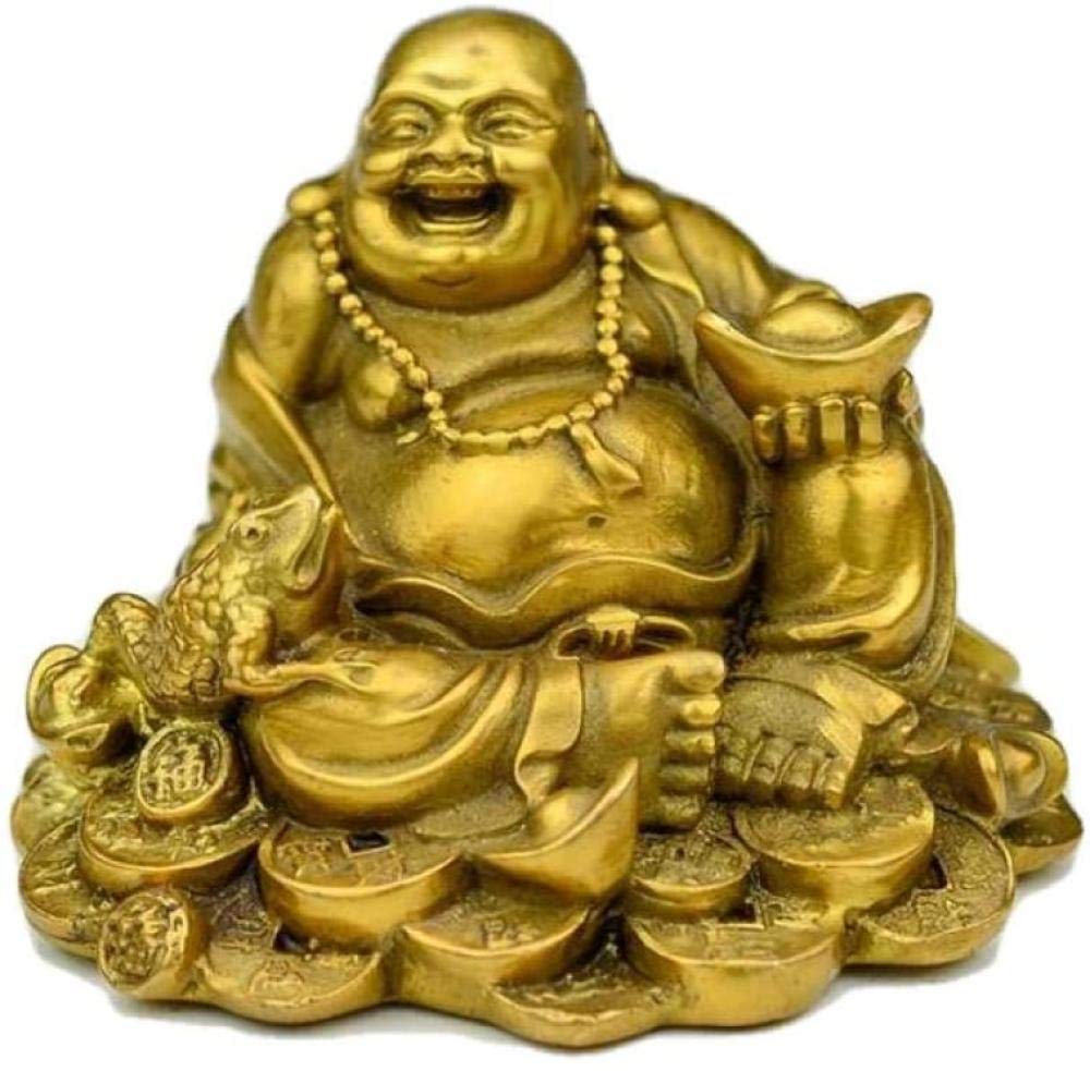 Chinese Brass Wealth Golden Toad & Smiling Maitreya Buddha Statue - Feng Shui Home Decor for Good Luck & Prosperity | Perfect for Office Desk, Living Room & Meditation Space