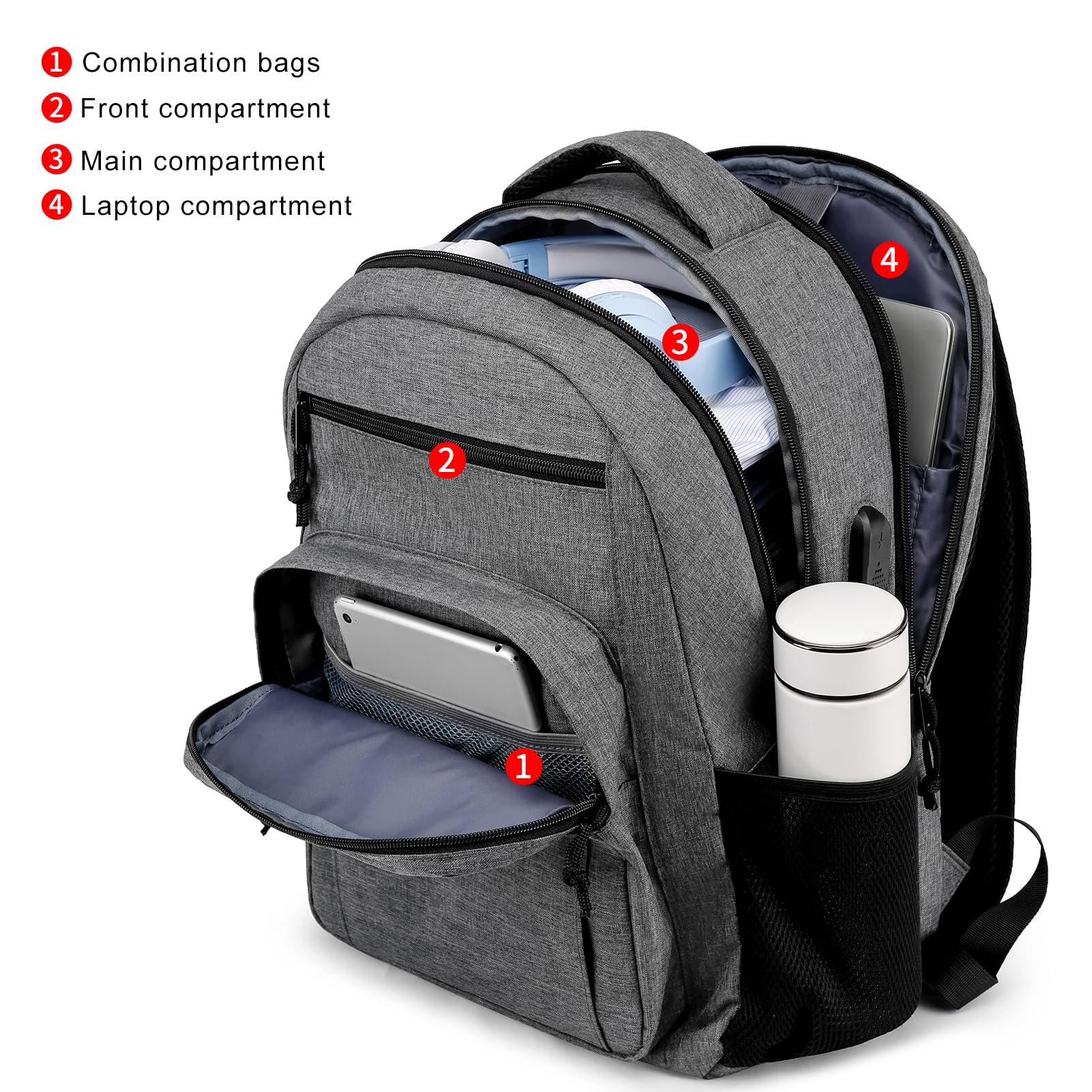 Durable 17.3 Inch Laptop Backpack for Women & Men - USB Charging Port School Backpack for High School & College Students - Large Grey Computer Bookbag - Perfect for Travel, Work & Daily Commute