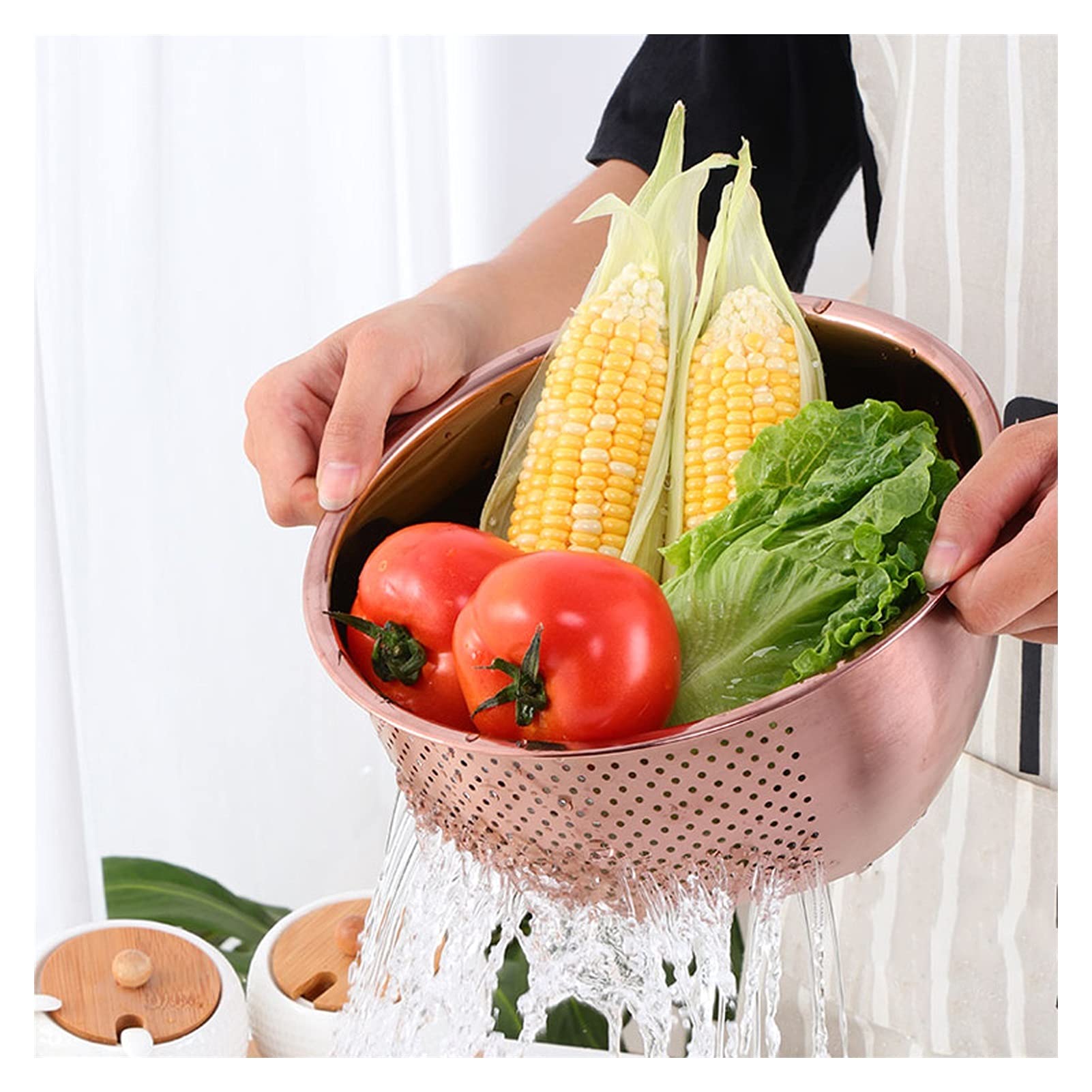 Stainless Steel Colander Strainer Basket - Rainbow No.3 Kitchen Sieve for Washing Rice, Pasta & Vegetables | Durable Food Strainer with Rose Gold Finish | Perfect for Cooking, Meal Prep & Drain Pasta Water