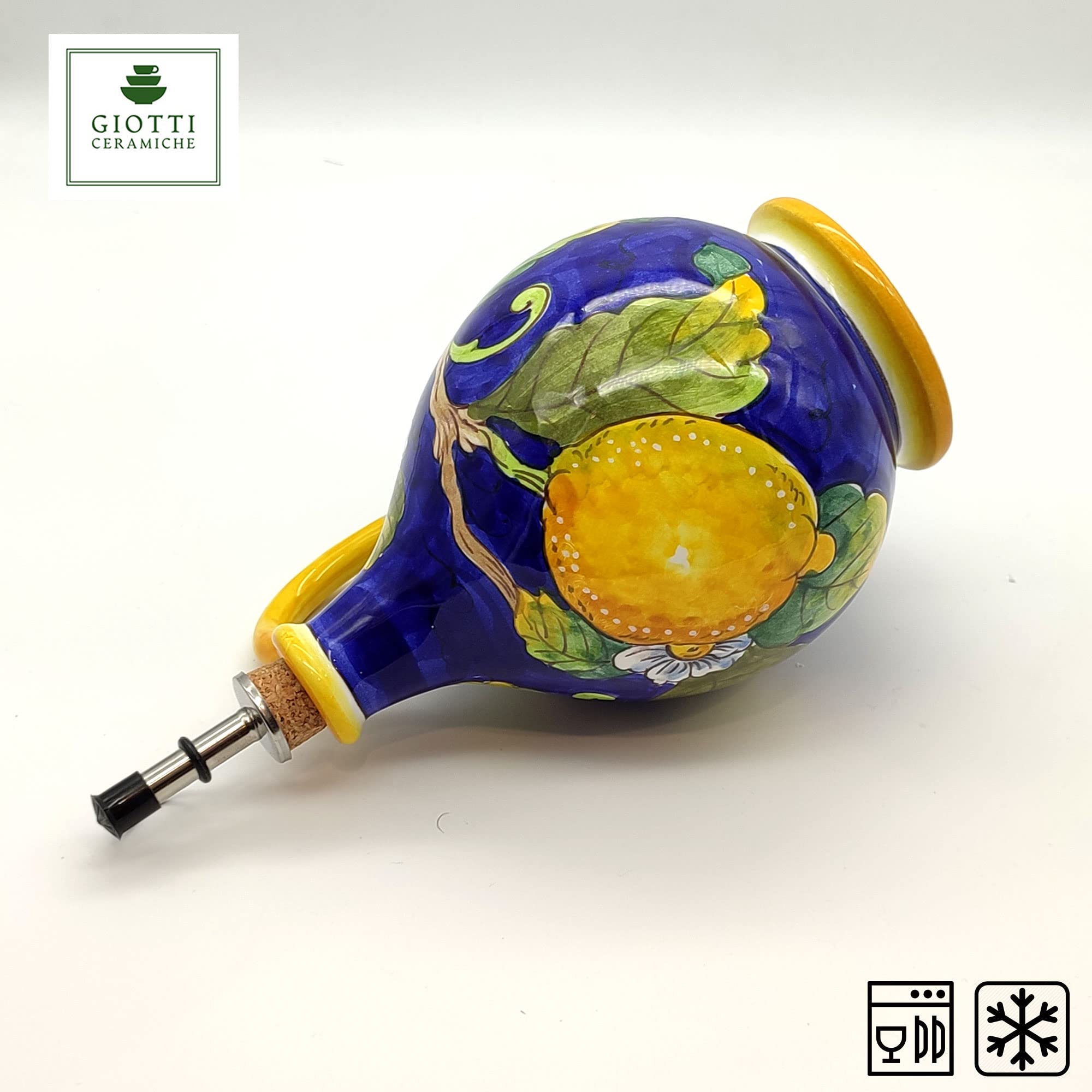 Handmade Italian Ceramic Olive Oil Dispenser Bottle 14oz - Tuscan Lemon Blue Decor Kitchen Cruet by Giotti Ceramiche | Perfect for Cooking, Salad Dressing & Gourmet Oil Presentation | Authentic Hand-Painted Pottery from Italy