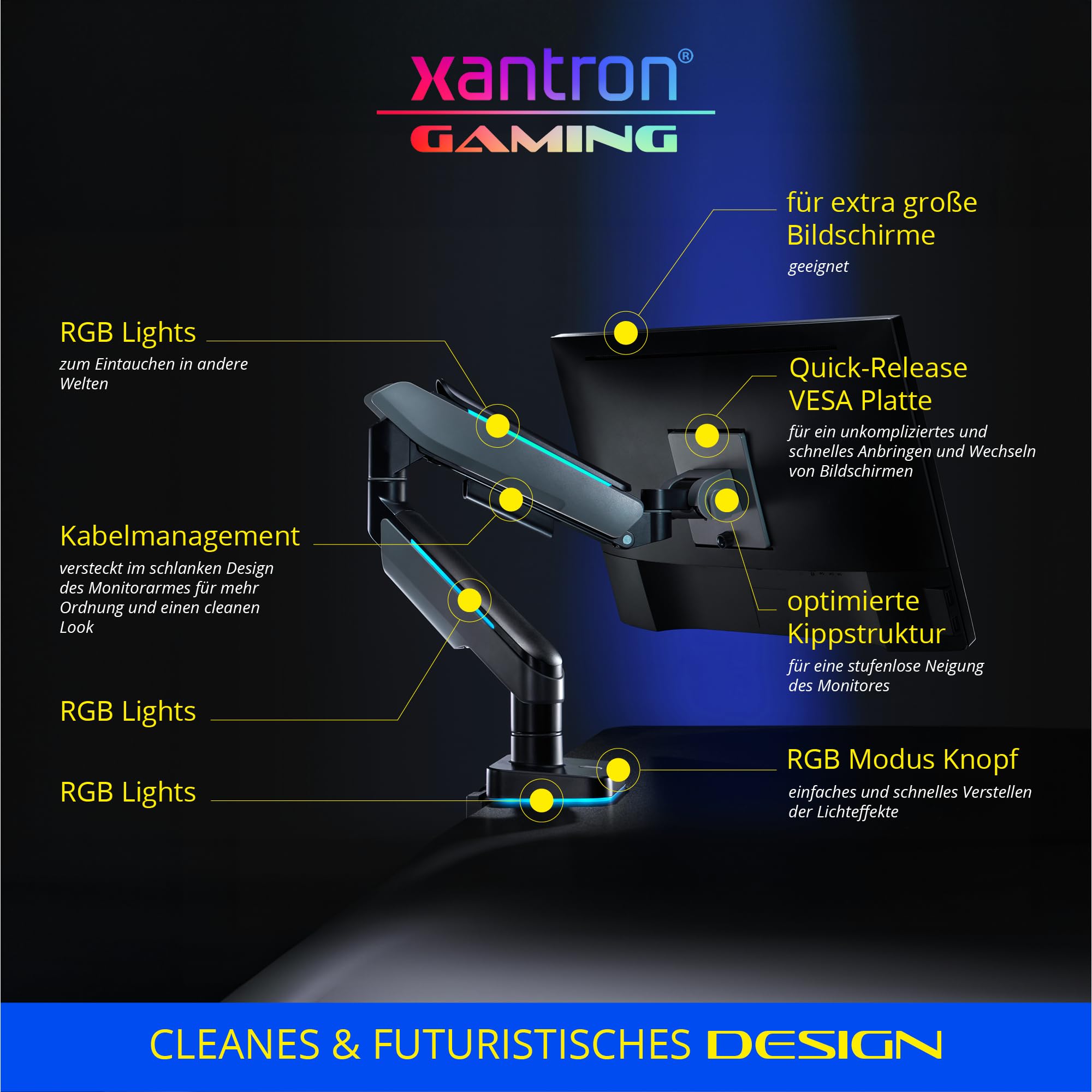 Xantron® RGB Gaming Monitor Arm - Heavy Duty 17-49 Inch Adjustable Stand for Curved & Flat Screens (Max 20kg) - Ergonomic Gas Spring Mount for PC, Workstation & Gaming Setup - Perfect for Home Office, Streaming & Esports