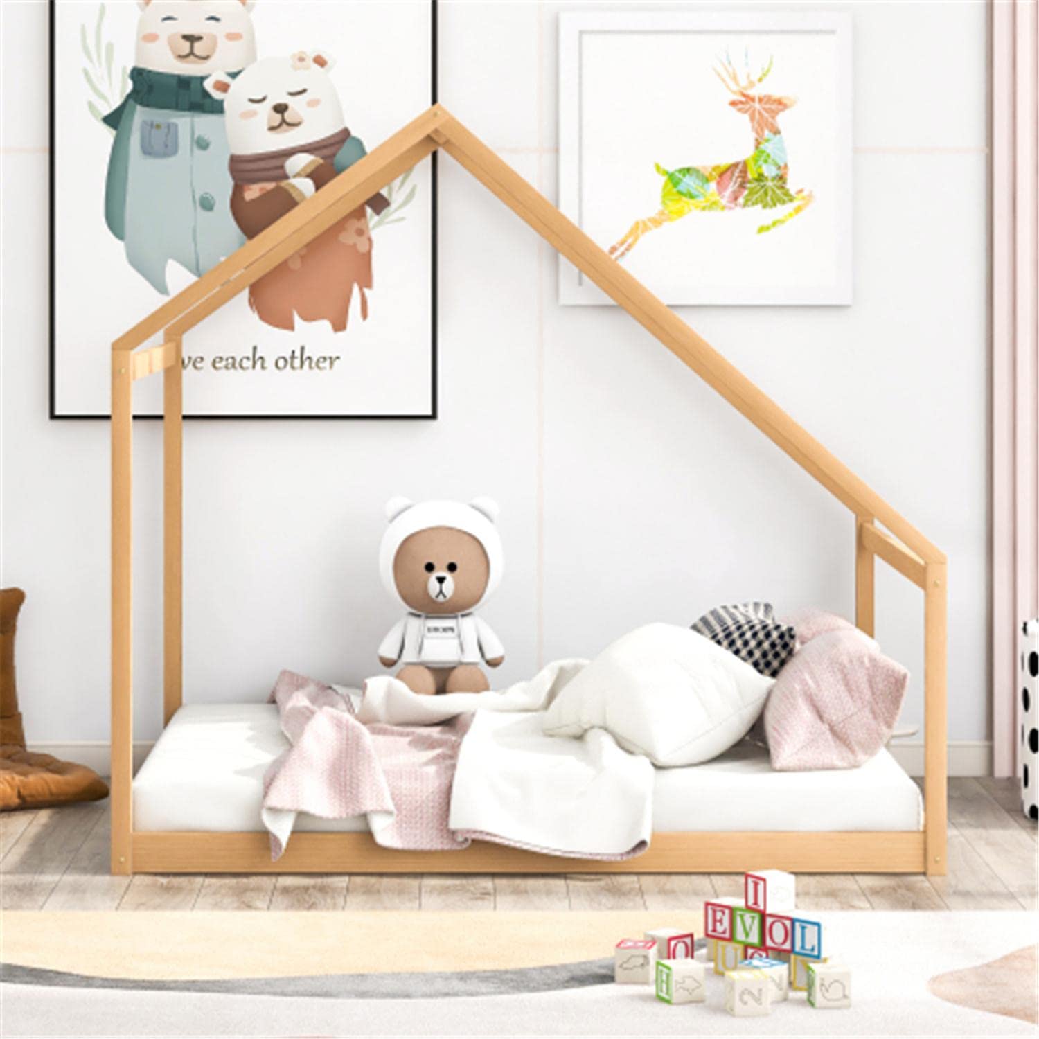 **Full Size House Bed Frame - Sturdy Wooden Structure for Kids, Boys & Girls - Natural Finish - Perfect for Bedrooms, Playrooms & Kids' Rooms**
