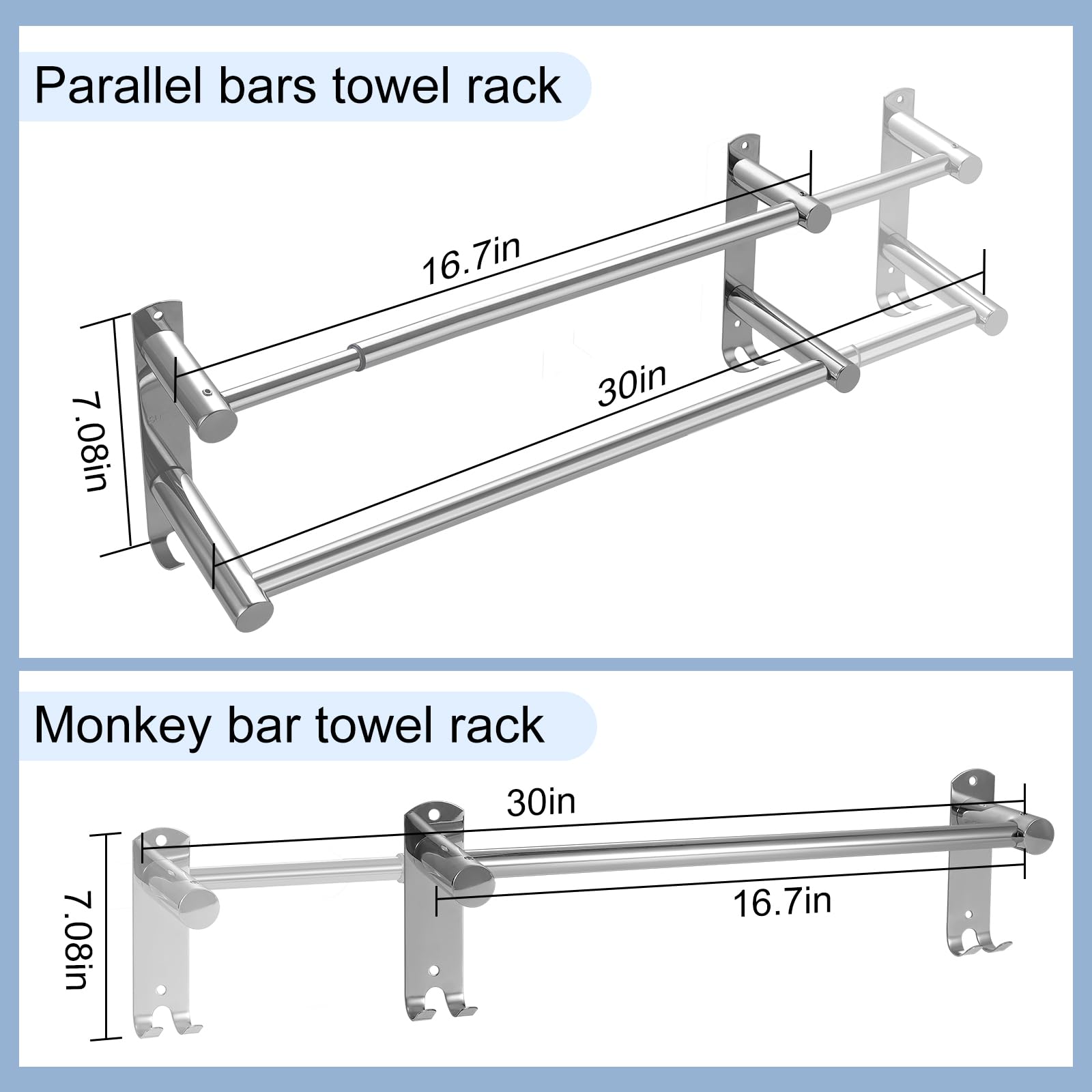 Stainless Steel Adjustable Double Towel Bar & Rack for Bathroom - 17-30 Inch Wall Mounted Towel Holder, Perfect for Bathrooms, Showers, and Spas
