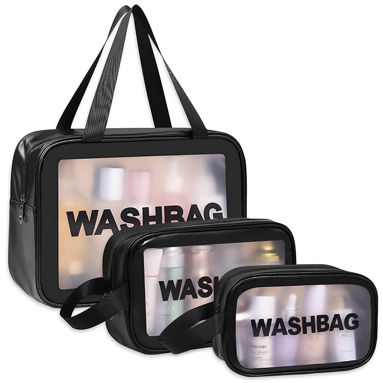 RAIYARAJ 3-Piece Makeup Pouch Set - Waterproof Travel Toiletries Bag & Cosmetic Organizer for Women - Portable Wash Bag for Cosmetics, Toiletries, Jewelry - Perfect for Travel, Gym, Bathroom Storage (Black)