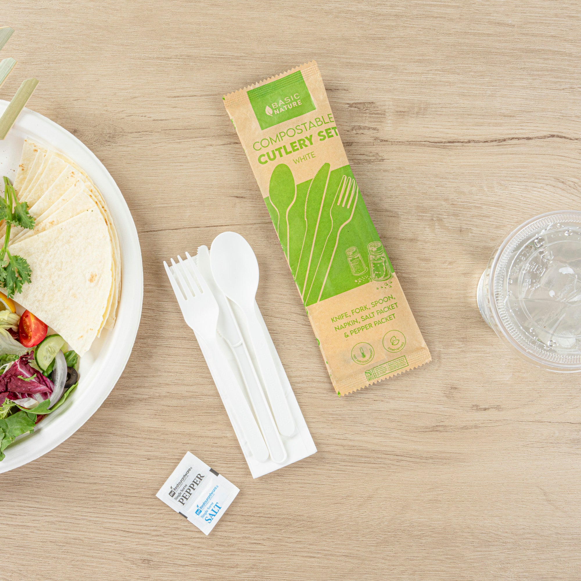 Eco-Friendly Compostable White PLA Plastic Cutlery Set with Napkins & Salt/Pepper Packets - 500 Count Box (6.25