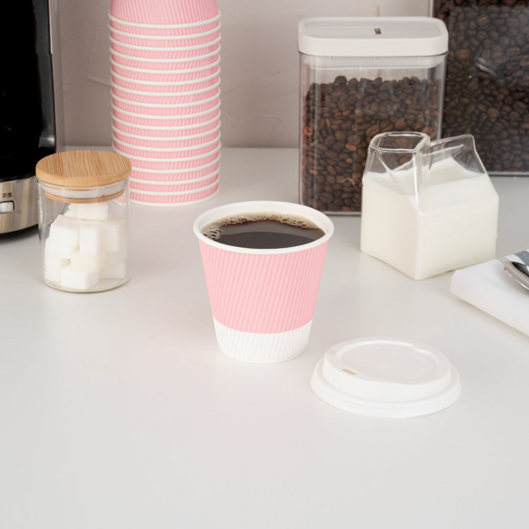 8 oz Light Pink Ripple Wall Coffee Cups with White Lids - 3.5