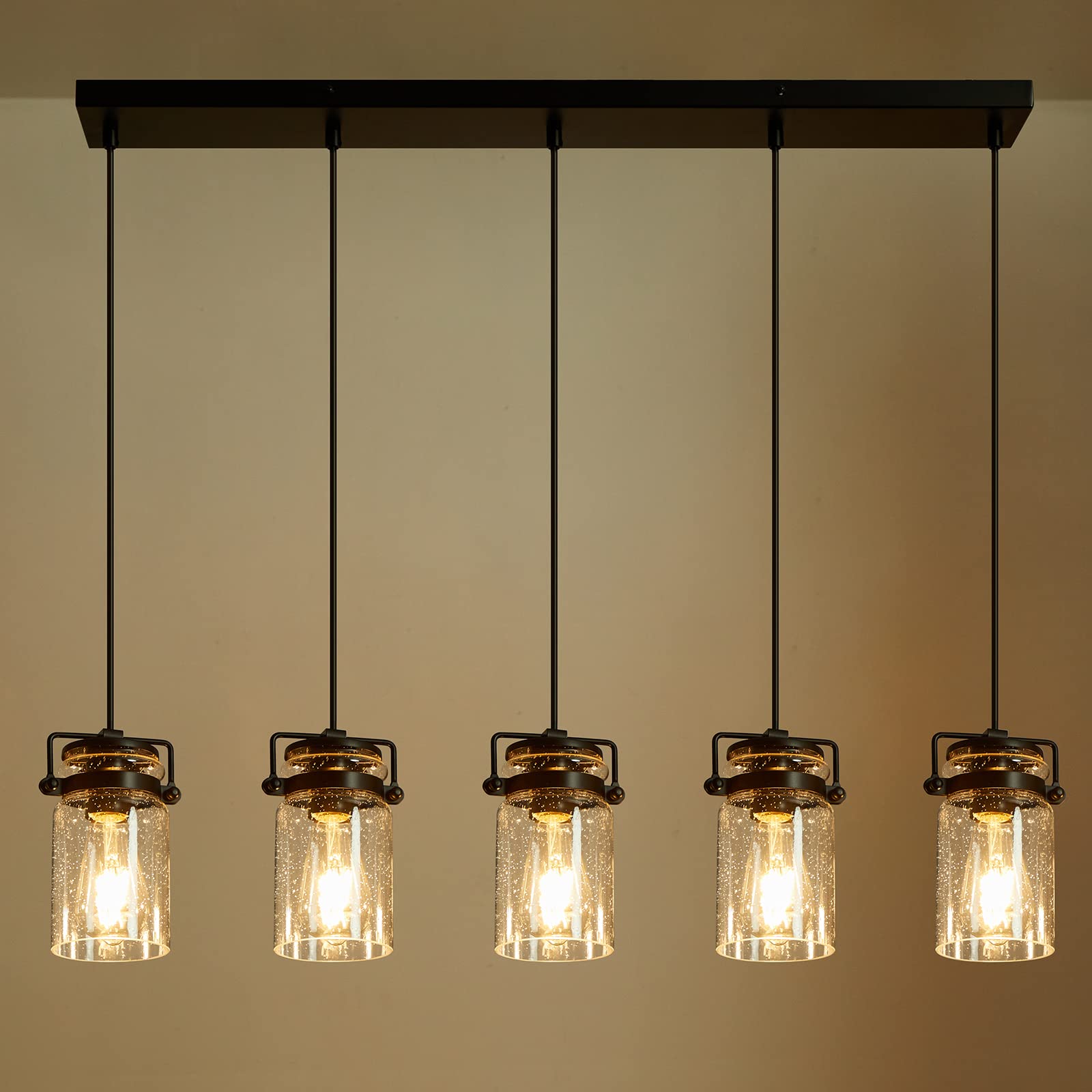5-Light Black Linear Chandelier for Kitchen Island & Dining Room - Farmhouse Style Pendant Lighting with Glass Shades | Perfect for Modern Farmhouse, Rustic, and Industrial Home Decor