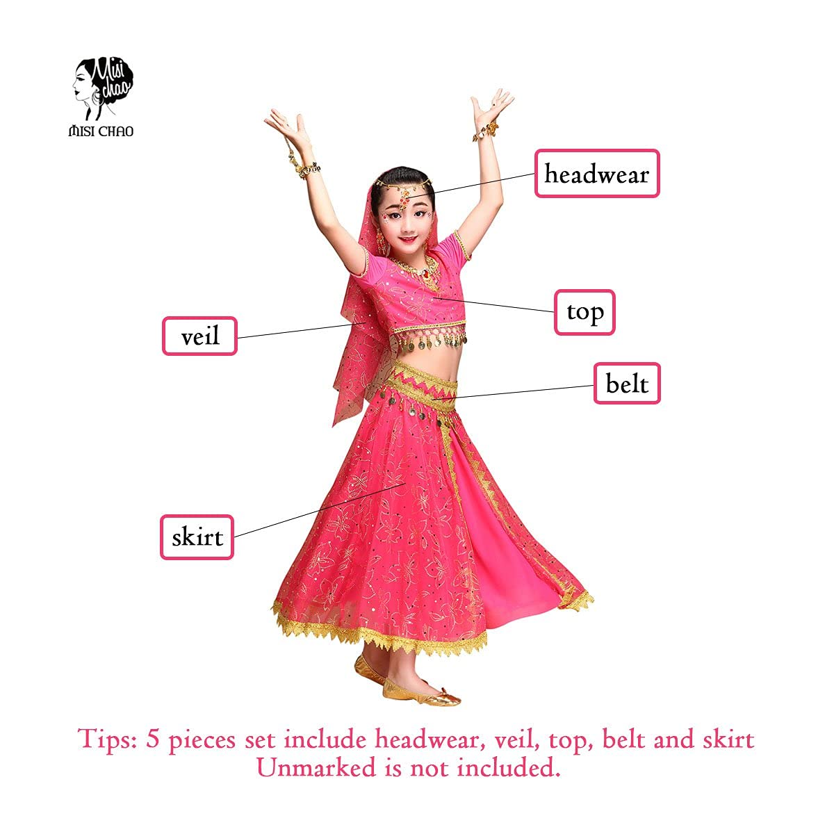 Belly Dance Costume Bollywood Dress - Chiffon Dance Outfit with Head Veil for Girls, Perfect for Halloween, Parties, and Performances