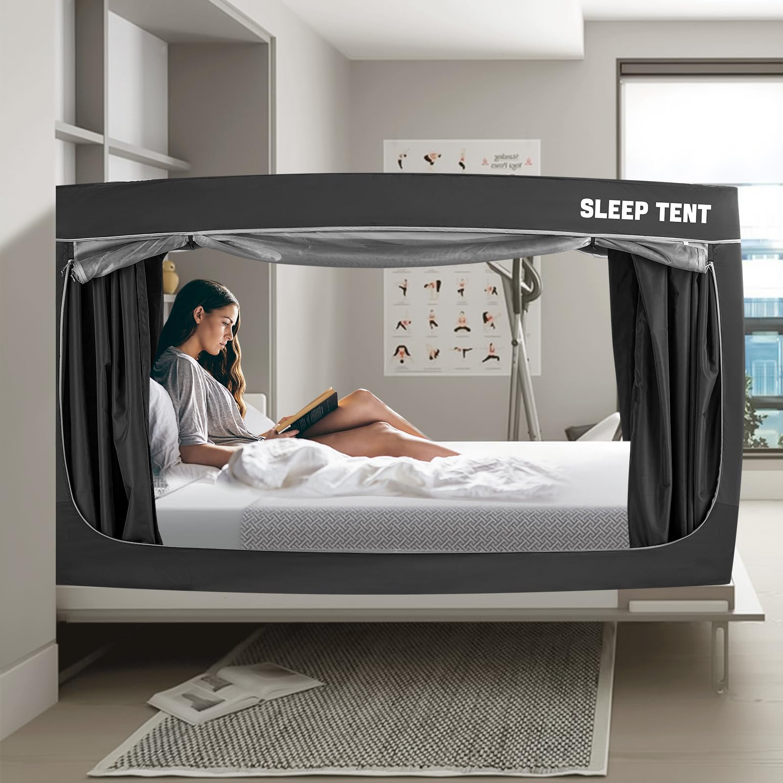 BORNA Twin Size Bed Tent for Adults & Kids - Mosquito Net Canopy with 80% Blackout, Breathable Privacy Shelter, 4 Doors - Indoor Portable Sleeping Tent for Camping, Dorm Rooms & Privacy Spaces