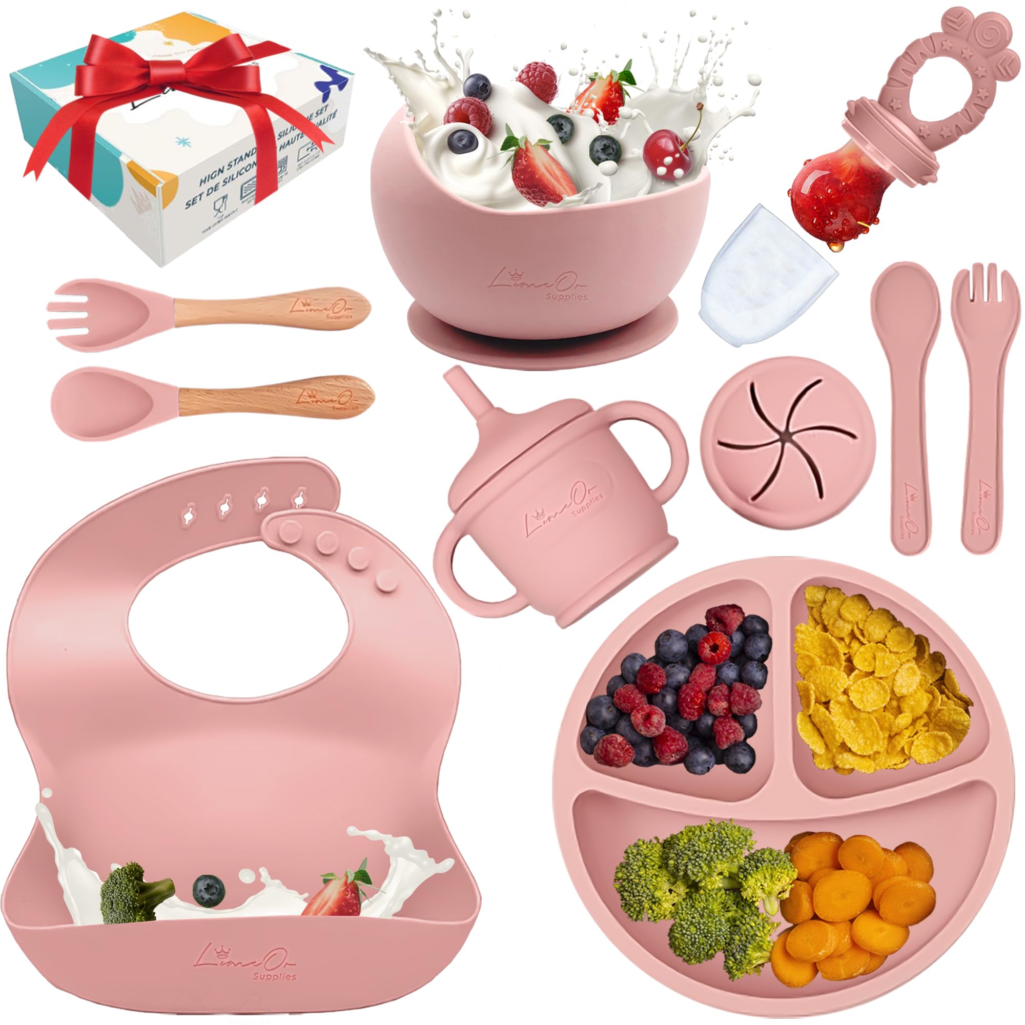 **LimOr BPA-Free Silicone Baby Feeding Set - Complete Toddler Eating Essentials for Baby Led Weaning (6-12 Months, Pink) - Perfect for Self-Feeding & Encouraging Independence at Home or On-the-Go**