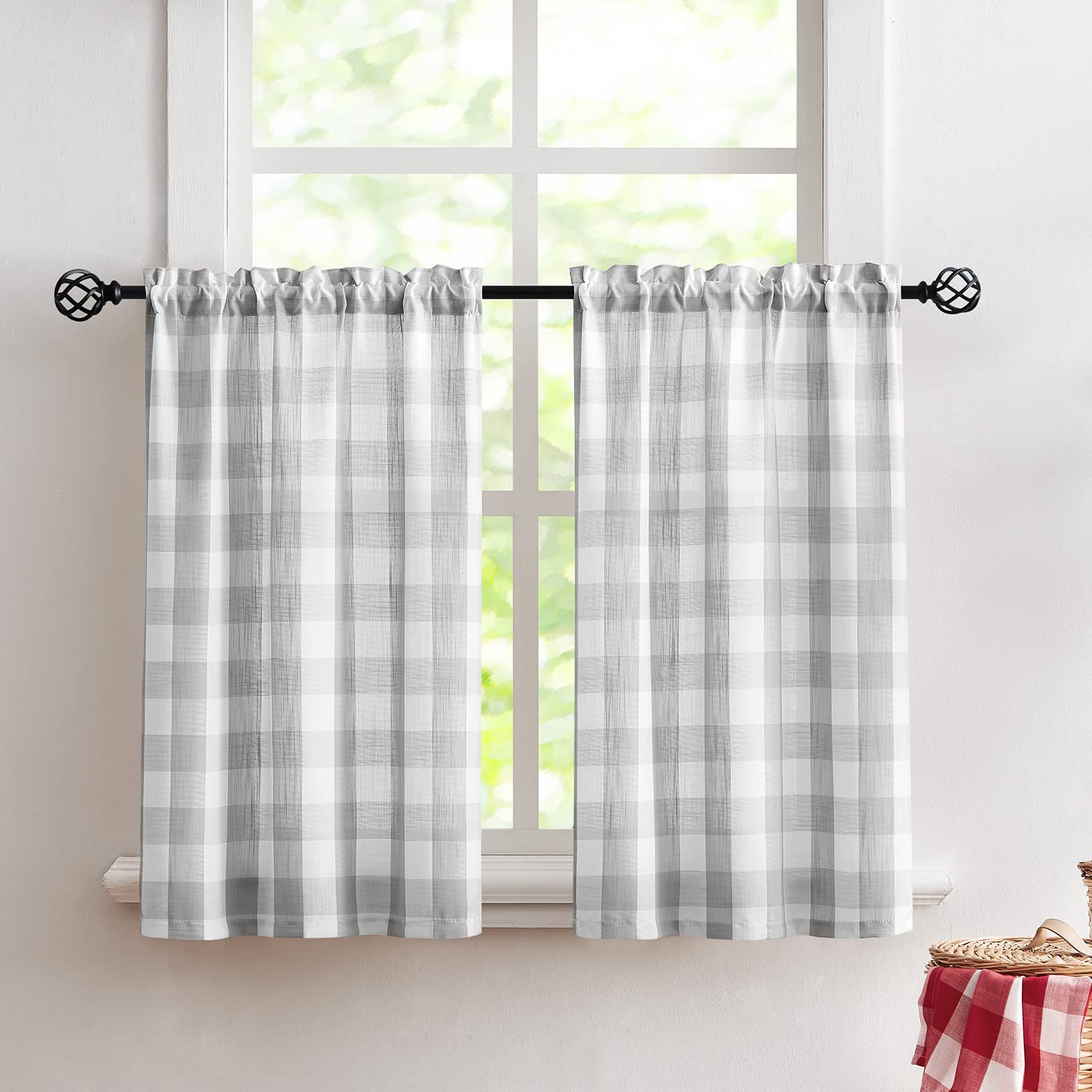 Treatmentex Grey-White Check Kitchen Tier Curtains - 24 Inch Length Semi-Sheer Café Curtains for Windows (27W x 24L, 2 Panels, Rod Pocket) - Perfect for Kitchen, Basement, Laundry Room & Bathroom Decor