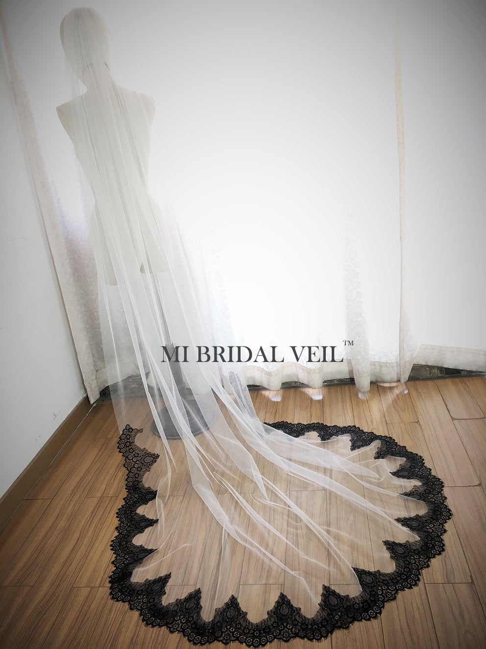 Elegant Black Lace Cathedral Wedding Veil with Delicate Bottom Lace Trim - Perfect for Bridal Dresses, Formal Weddings & Romantic Ceremonies