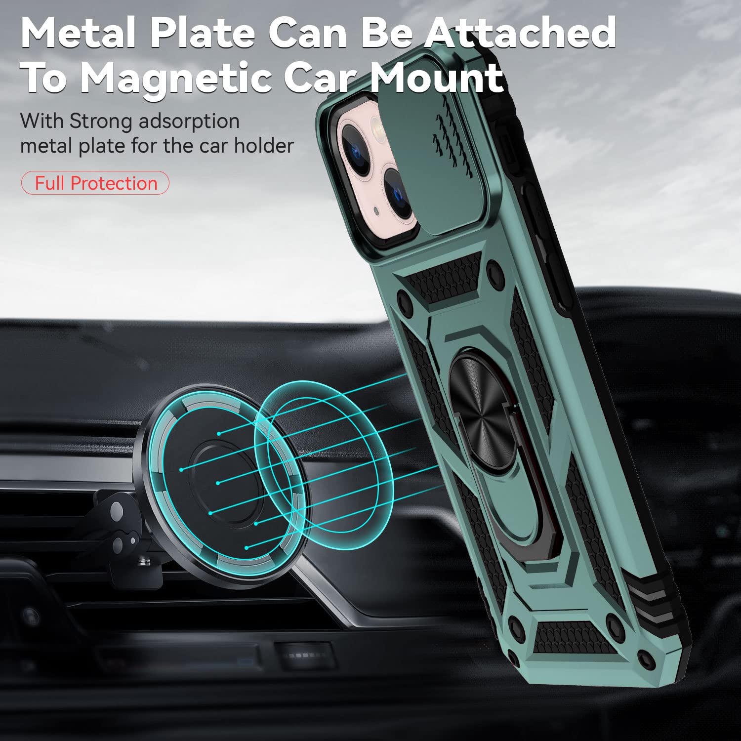 Hitaoyou iPhone 13 Case with Camera Cover & Kickstand - Military Grade Shockproof Heavy Duty Protective Magnetic Phone Cover for iPhone 13 (Green) - Perfect for Outdoor Activities, Travel and Daily Protection