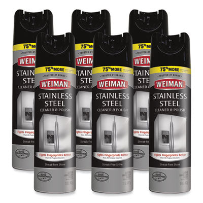 Weiman Stainless Steel Cleaner & Polish - 17oz Aerosol Spray (6-Pack) - Removes Fingerprints, Smudges & Restores Shine - Perfect for Kitchen Appliances, Sinks & Outdoor Grills