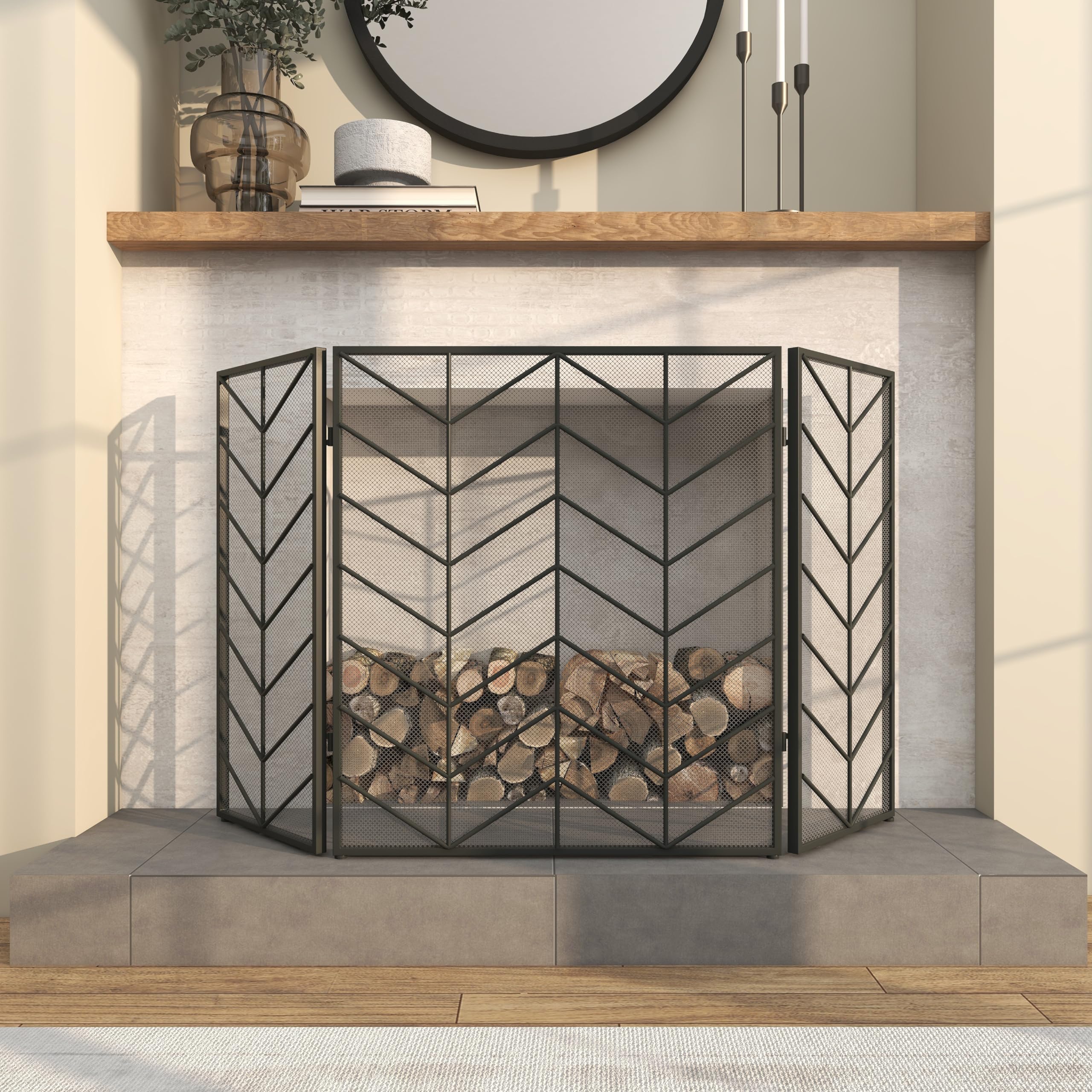 Deco 79 Black Metal Geometric Fireplace Screen - 52