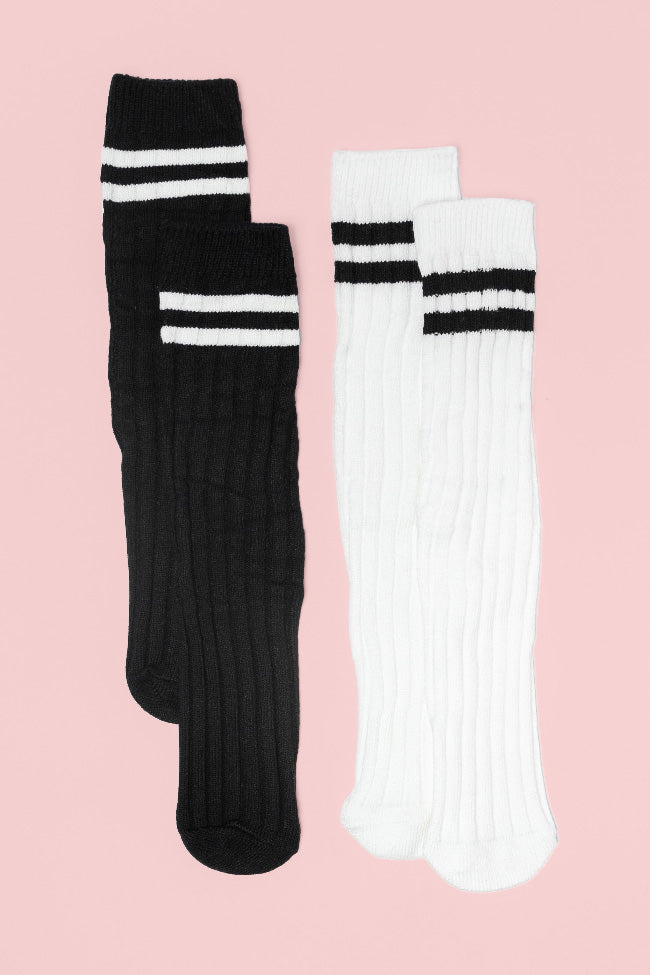 Black and White Striped Varsity Socks - Knee High Athletic Socks for Men & Women - Perfect for Sports, School Spirit & Casual Outfits