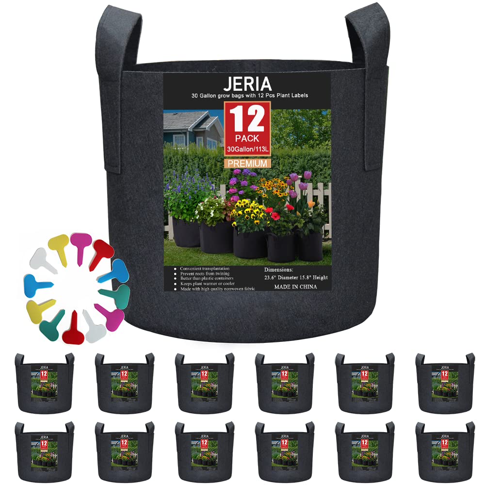 JERIA 12-Pack 30 Gallon Plant Grow Bags - Breathable Aeration Fabric Pots with Handles for Vegetables, Flowers & Plants (Black) - Includes 12 Plant Labels - Ideal for Gardening, Urban Farming & Container Planting