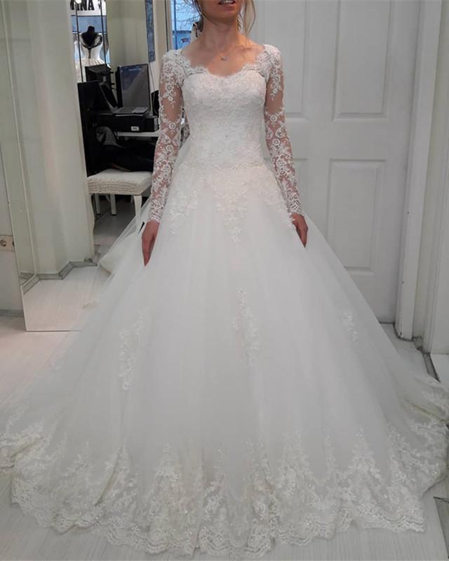 Elegant A-Line Princess Tulle Wedding Dress with Lace Long Sleeves - Perfect for Bridal Ceremonies, Vow Renewals & Formal Events