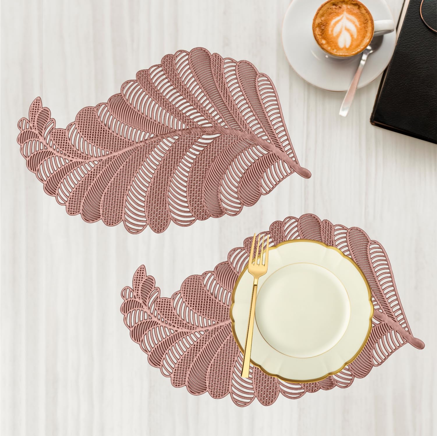 Kuber Industries Leather Side Table Mats Set of 2 - Leaf Shaped Copper Table Runner for Bedroom, Dining & Center Table Decor | Waterproof & Heat Resistant for Daily Use, Home Styling & Gift Giving