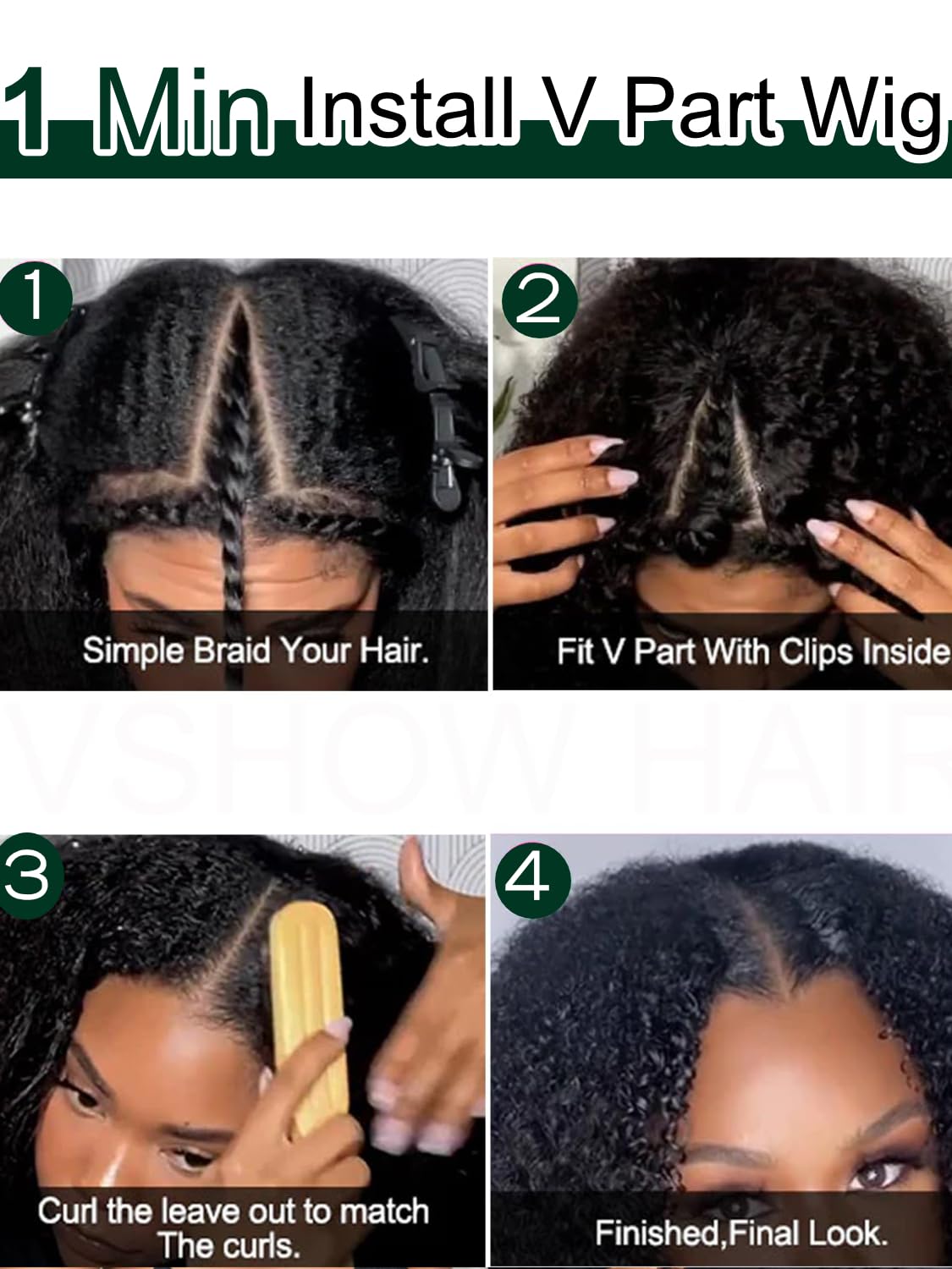 KLAIYI 4C Kinky Curly V Part Human Hair Wig | Glueless No Leave Out U Part Wig | Afro Curly Clip-in Half Wig | 150% Density 22 Inch Natural Black | Beginner Friendly | Perfect for Daily Wear, Special Occasions & Protective Styling